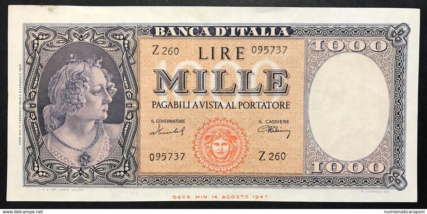 1000 LIRE Italia Medusa 11 02 1949 Raro Spl+  LOTTO 1917 - 1000 Lire