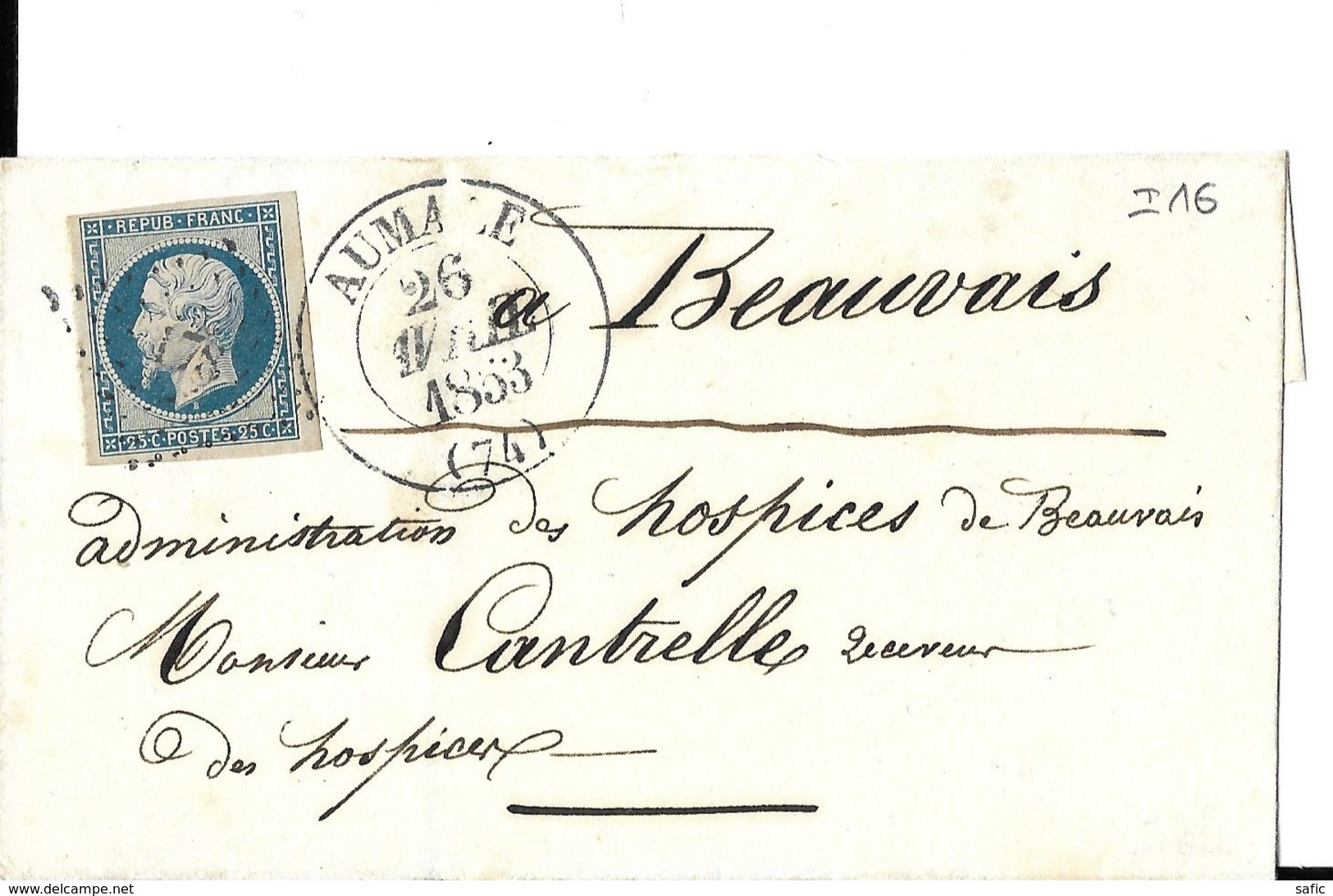 Seine Inferieure76.LSC Càd Type13du 26 Avril1853 De Aumale. PC Sur N° 10-Indice 16 - 1853-1860 Napoléon III