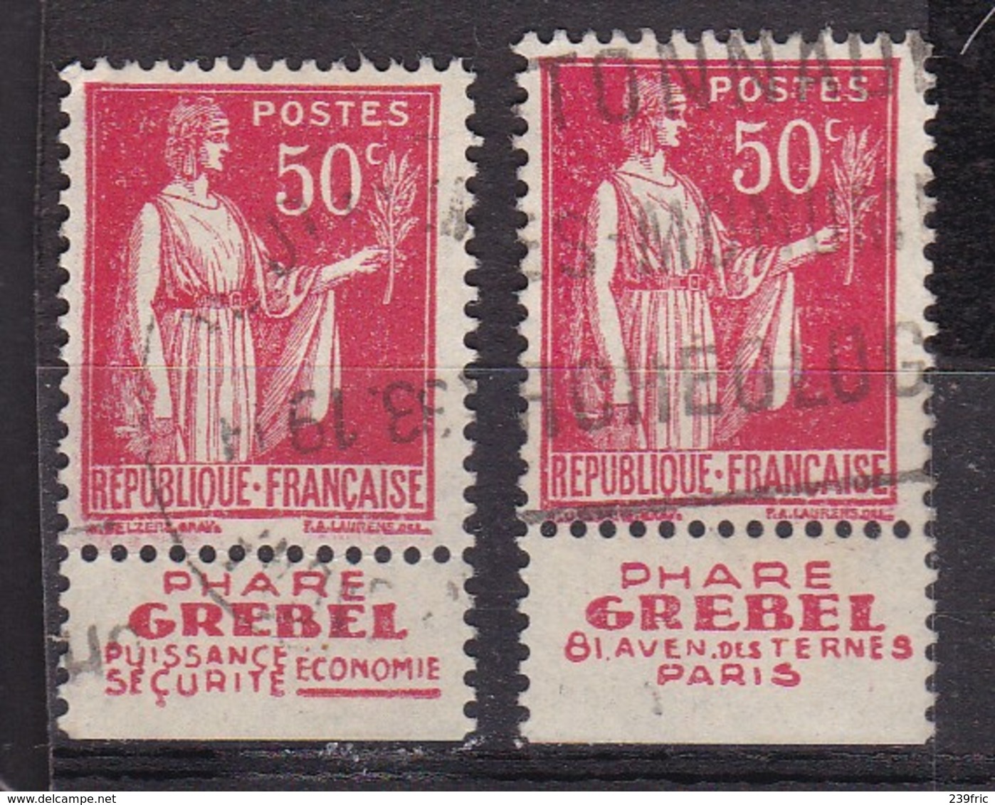 PUBLICITE: TYPE PAIX 50C ROUGE GREBEL X2 ACCP 822/823 OBLITERES - Other & Unclassified