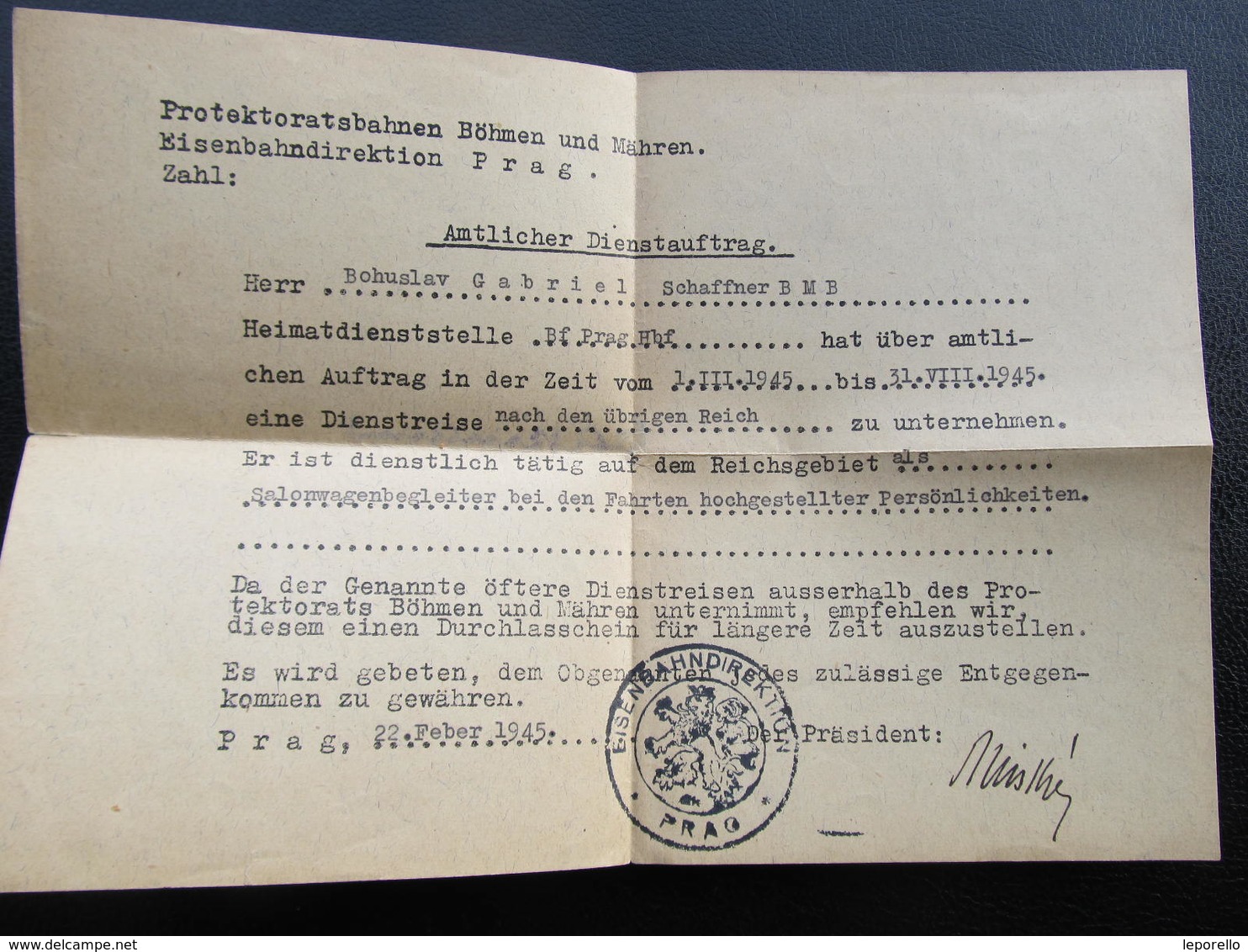 FAHRKARTE DURCHLASSSCHEIN BESTÄTTIGUNG Dienstauftrag 1943 Böhmen Und Mähren RRR!  ///  D*36058 - Europa