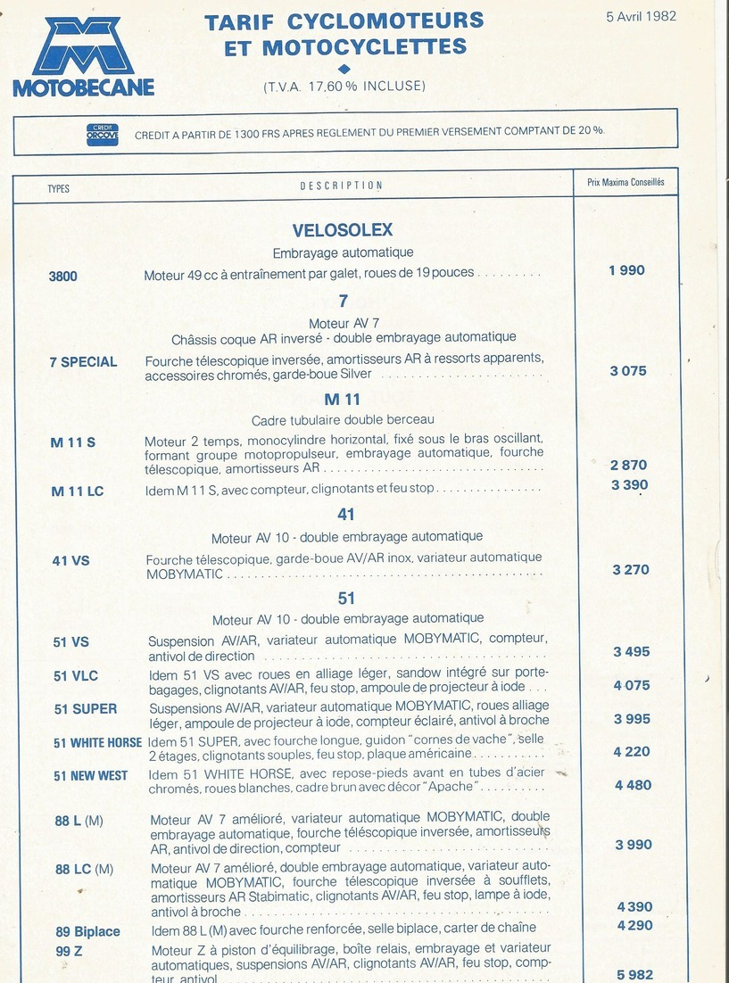 Doc Format A4 Tarifs Motobecane Cyclomoteurs Velosolex  05.04.1982 - Autres & Non Classés