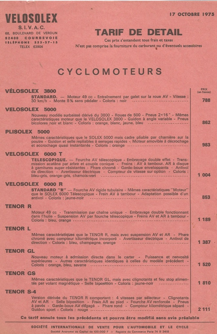 Doc Format A4 Tarifs Motobecane Cyclomoteurs Velosolex  17.10.1975 - Autres & Non Classés