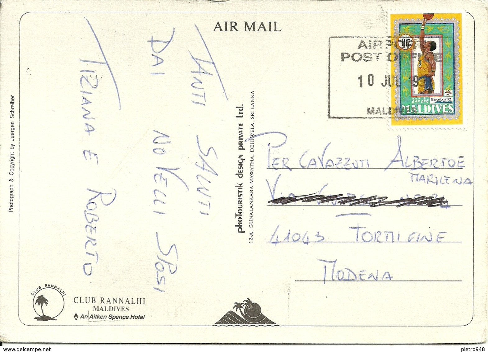 Maldives, Club Rannalhi, An Aitken Spence Hotel, Aerial View, Thematic Stamp "Basket Barcelona '92", - Maldive