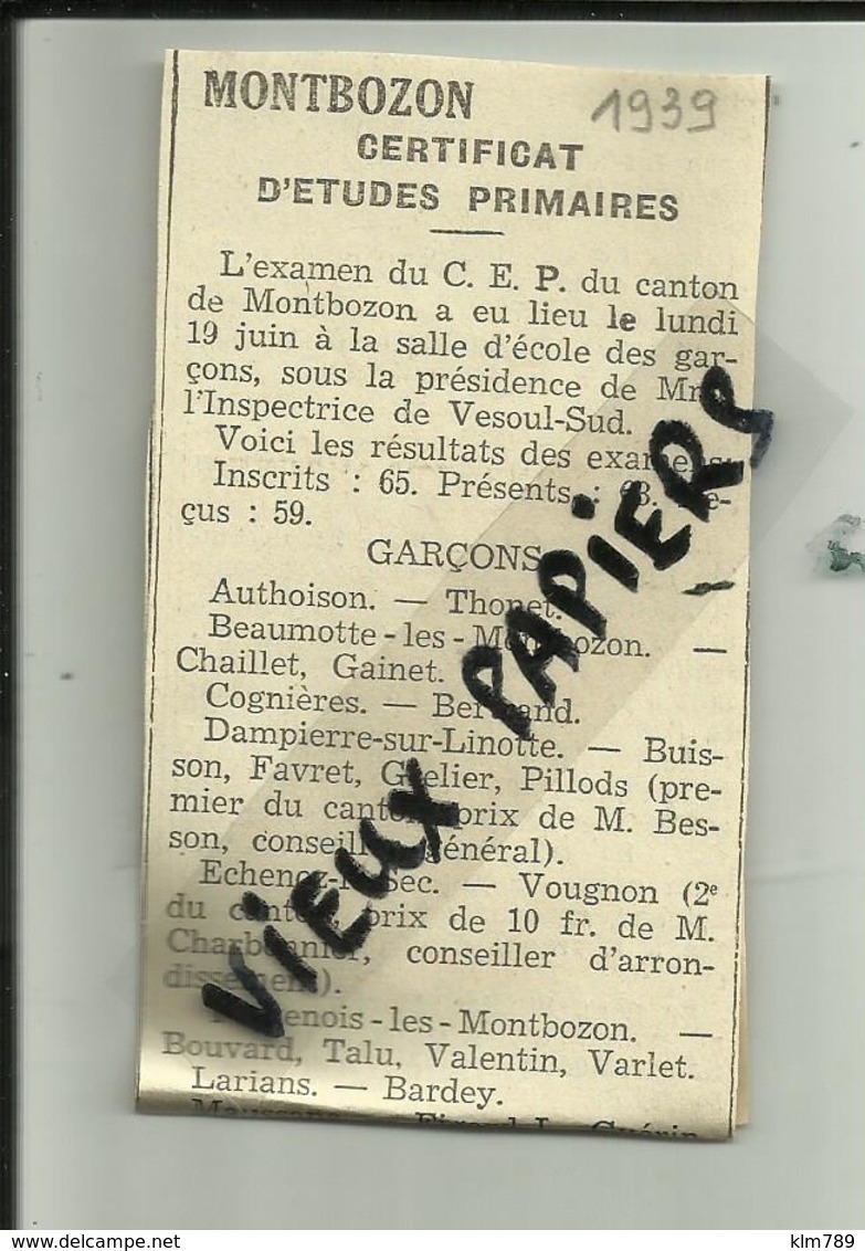 70 - Haute Saone -Résultats Certificat D'études- Canton De Montbozon - Extrait Original De Presse -1939 -  Réf 28 - - 1900 – 1949