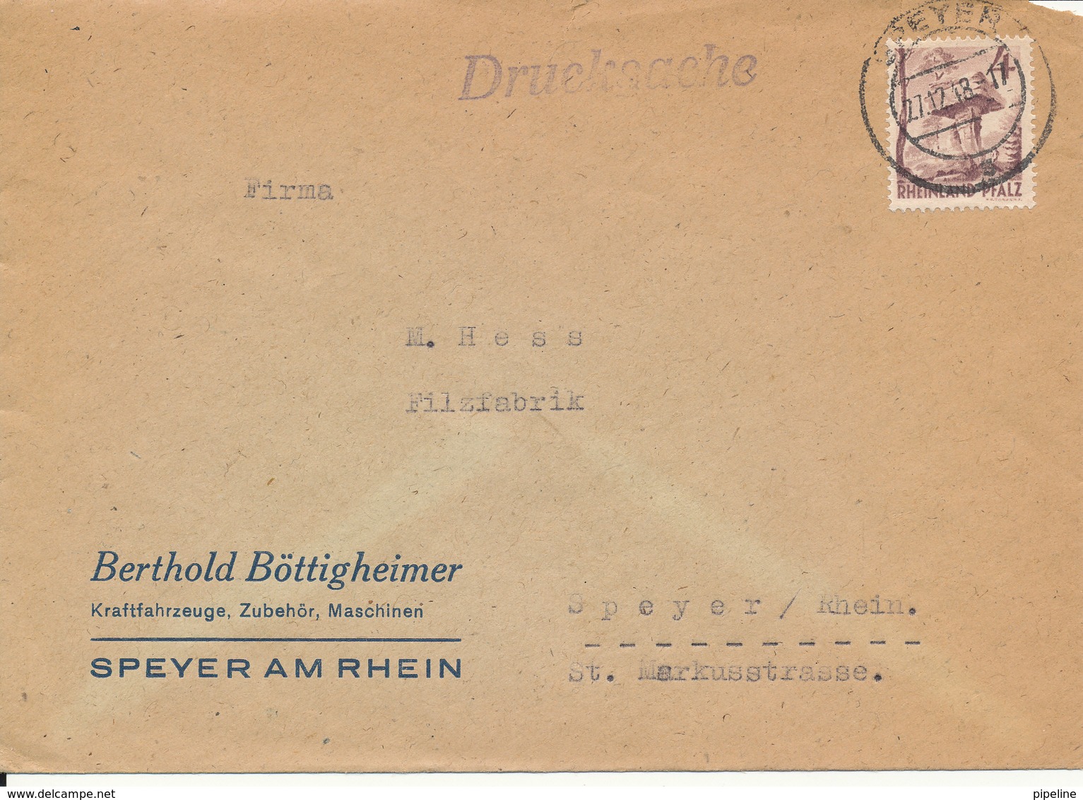 Germany French Zone Rheinland Pfalz Cover Speyer 27-12-1948 Single Franked - Otros & Sin Clasificación