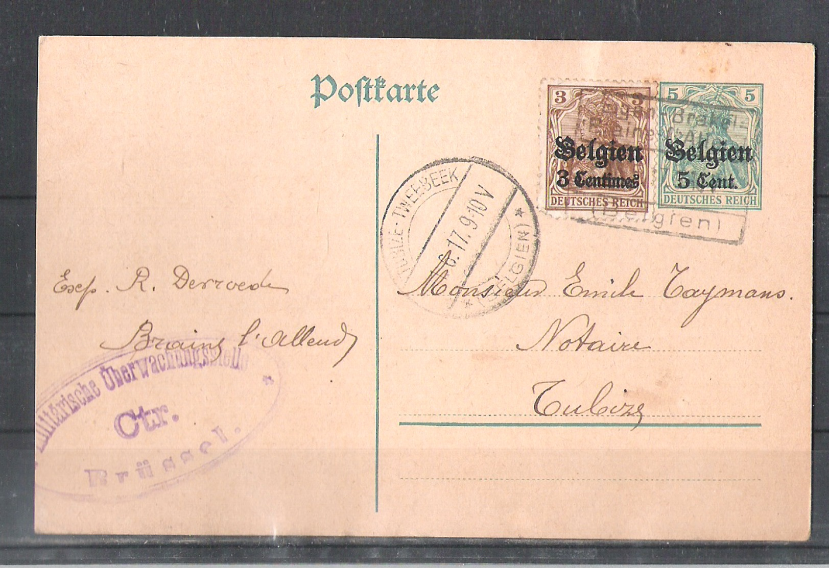 EP Belgique Occupation Allemande - Braine L'Alleud Vers Tubize 1917 - Occupation Allemande