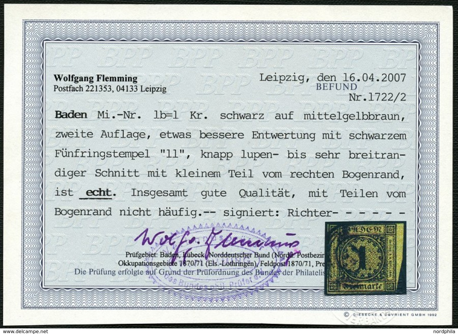 BADEN 1b O, 1851, 1 Kr. Schwarz Auf Braun, Rechtes Randstück, Mit Nummernstempel 11 (BIBERACH), Oben Knapp-lupenrandig,  - Andere & Zonder Classificatie