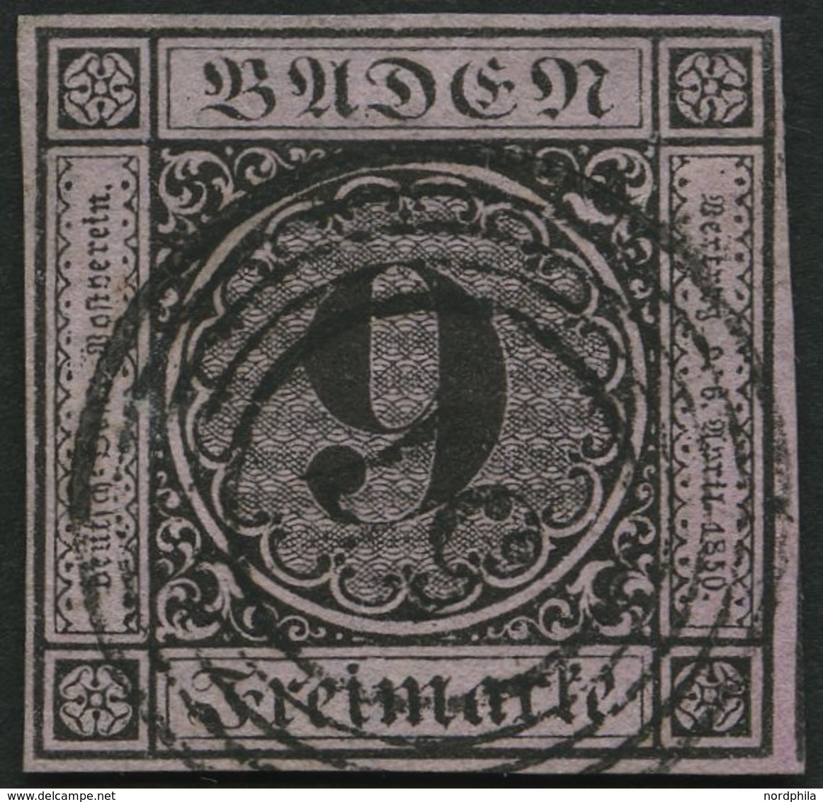 BADEN 4a O, 1851, 9 Kr. Schwarz Auf Altrosa, Nummernstempel 57, Allseits Breitrandig, Pracht - Autres & Non Classés