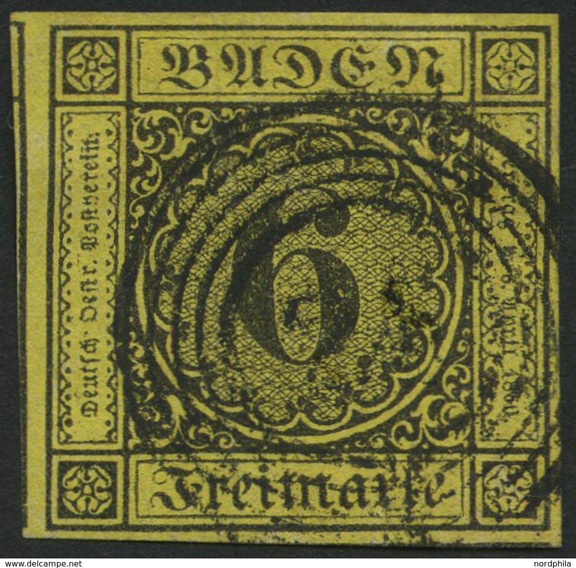 BADEN 7 O, 1853, 6 Kr. Schwarz Auf Gelb, Allseits Breitrandig, Pracht - Autres & Non Classés