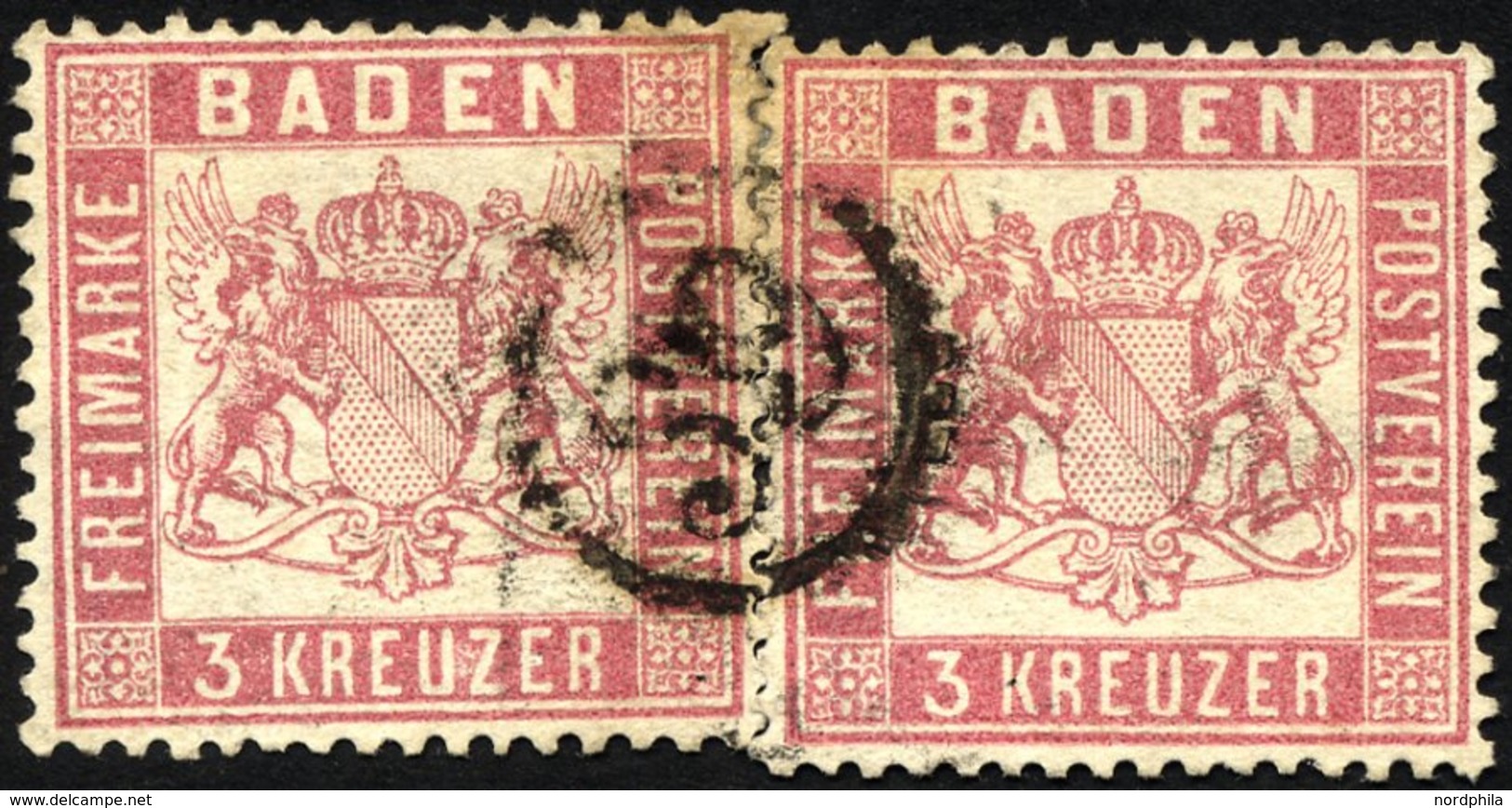 BADEN 16 O, 1862, 3 Kr. Rosakarmin, 2x Mit Einem Zentrischen Uhrradstempel 39, Pracht, R!, Signiert Fulpius Und H.K. - Other & Unclassified