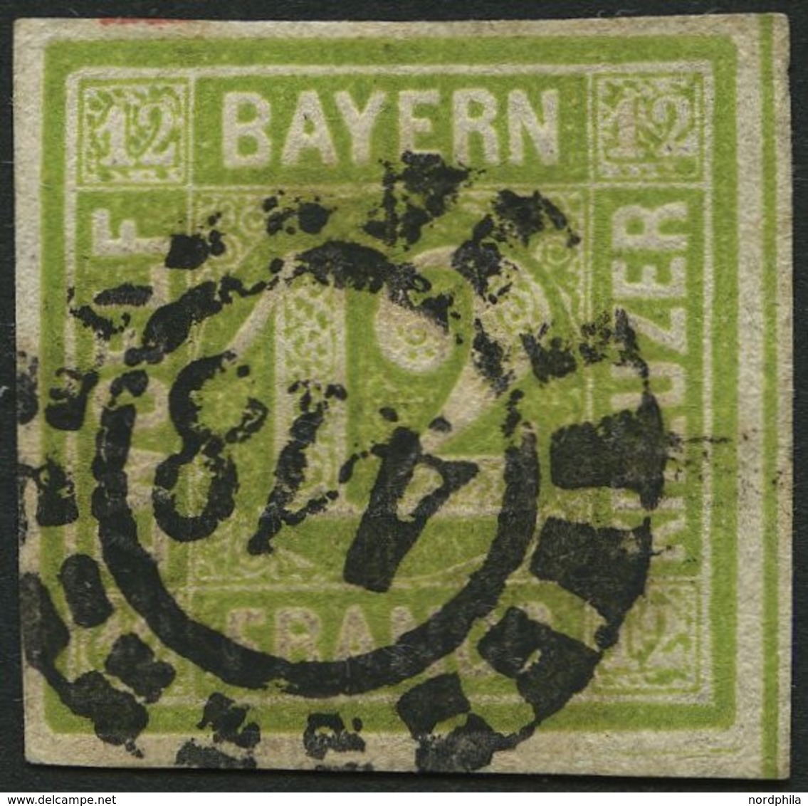 BAYERN 12 O, 1862, 12 Kr. Dunkelgelbgrün, Offener Mühlrad-Stempel 418, Breitrandig Pracht, Mi. 100.- - Other & Unclassified
