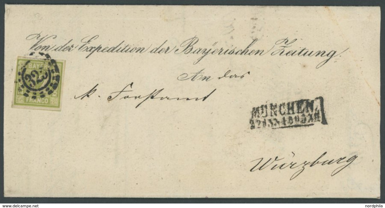 BAYERN 12 BRIEF, 1865, 12 Kr. Dunkelgelbgrün Mit Offenem MR-Stempel 325 Als Einzelfrankatur Nach Würzburg, Prachtbrief,  - Other & Unclassified
