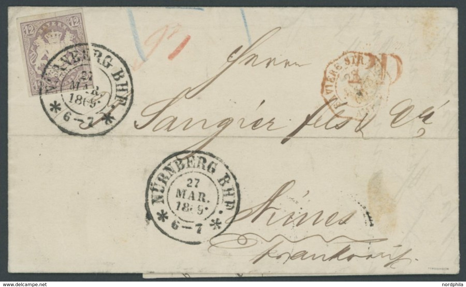 BAYERN 18 BRIEF, 1869, 12 Kr. Hellbraunviolett Mit K2 NÜRNBERG BHF Auf Kabinettbrief Nach Frankreich - Other & Unclassified
