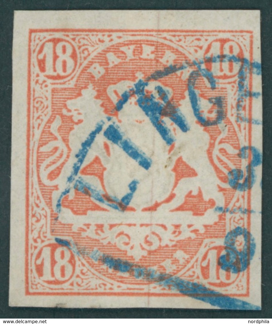 BAYERN 19 O, 1867, 18 Kr. Dunkelzinnoberrot Mit Blauem Segmentstempel!, Kabinett, Gepr. Schmitt - Sonstige & Ohne Zuordnung