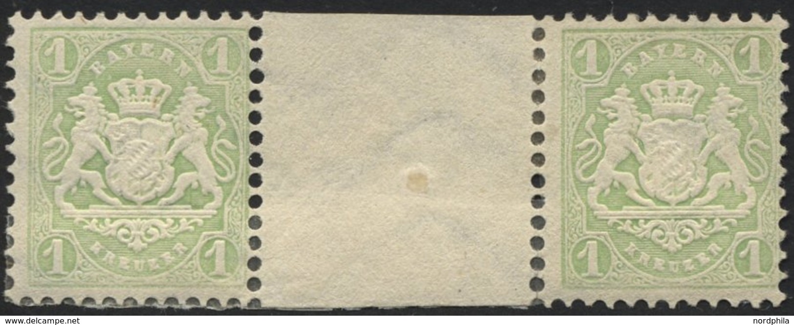 BAYERN 32cZW *, 1875, 1 Kr. Mattgrün Im Waagerechten Zwischenstegpaar, Falzreste, Feinst (angetrennt), Gepr. Pfenninger, - Other & Unclassified