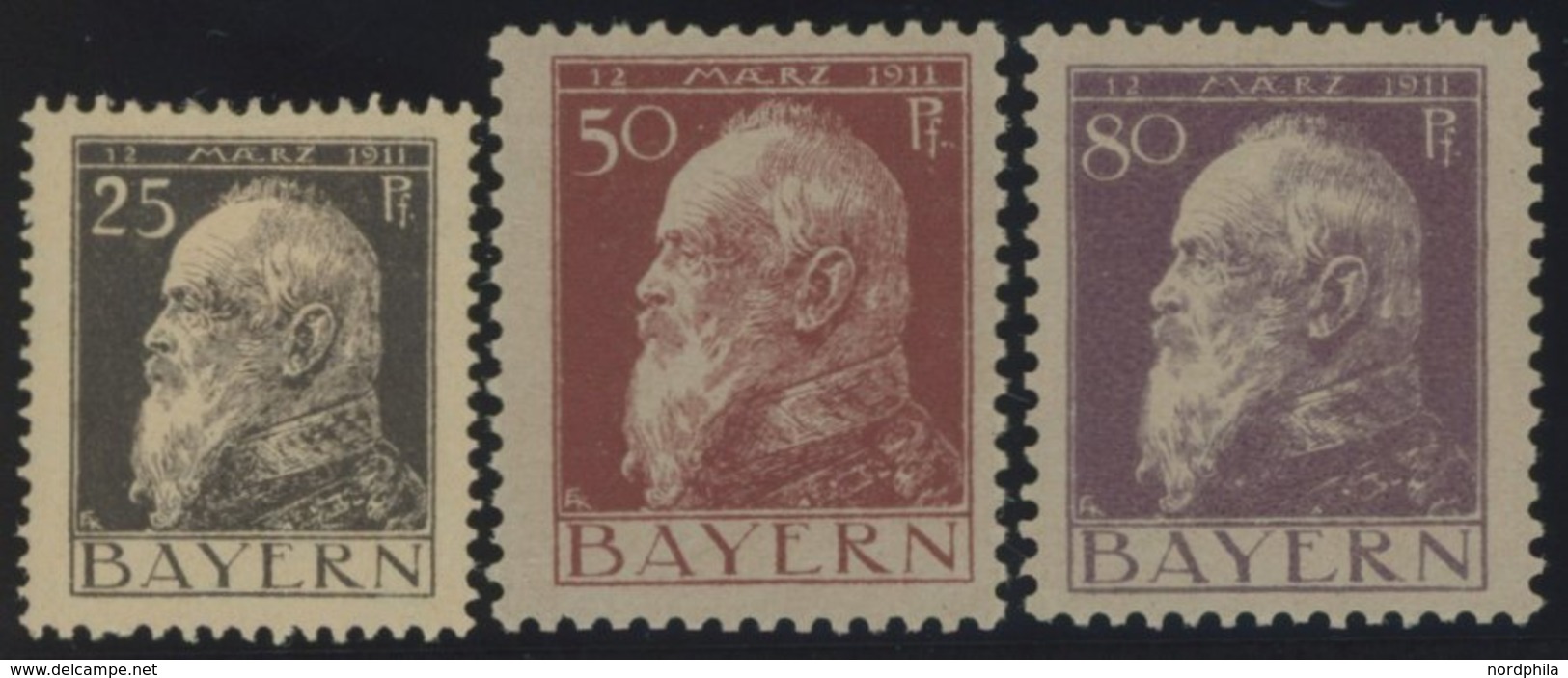 BAYERN 80,83,85I *, 1911, 25, 50 Und 80 Pf. Luitpold, Type I, Falzrest, 3 Prachtwerte, Mi. 103.- - Other & Unclassified