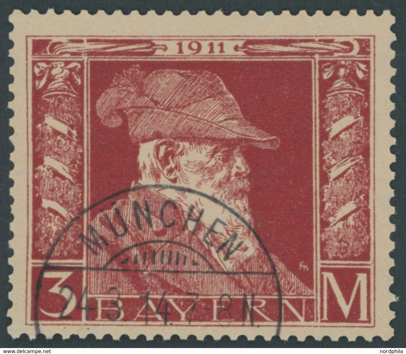 BAYERN 88II O, 1911, 3 M. Luitpold, Type II, Pracht, Mi. 80.- - Other & Unclassified