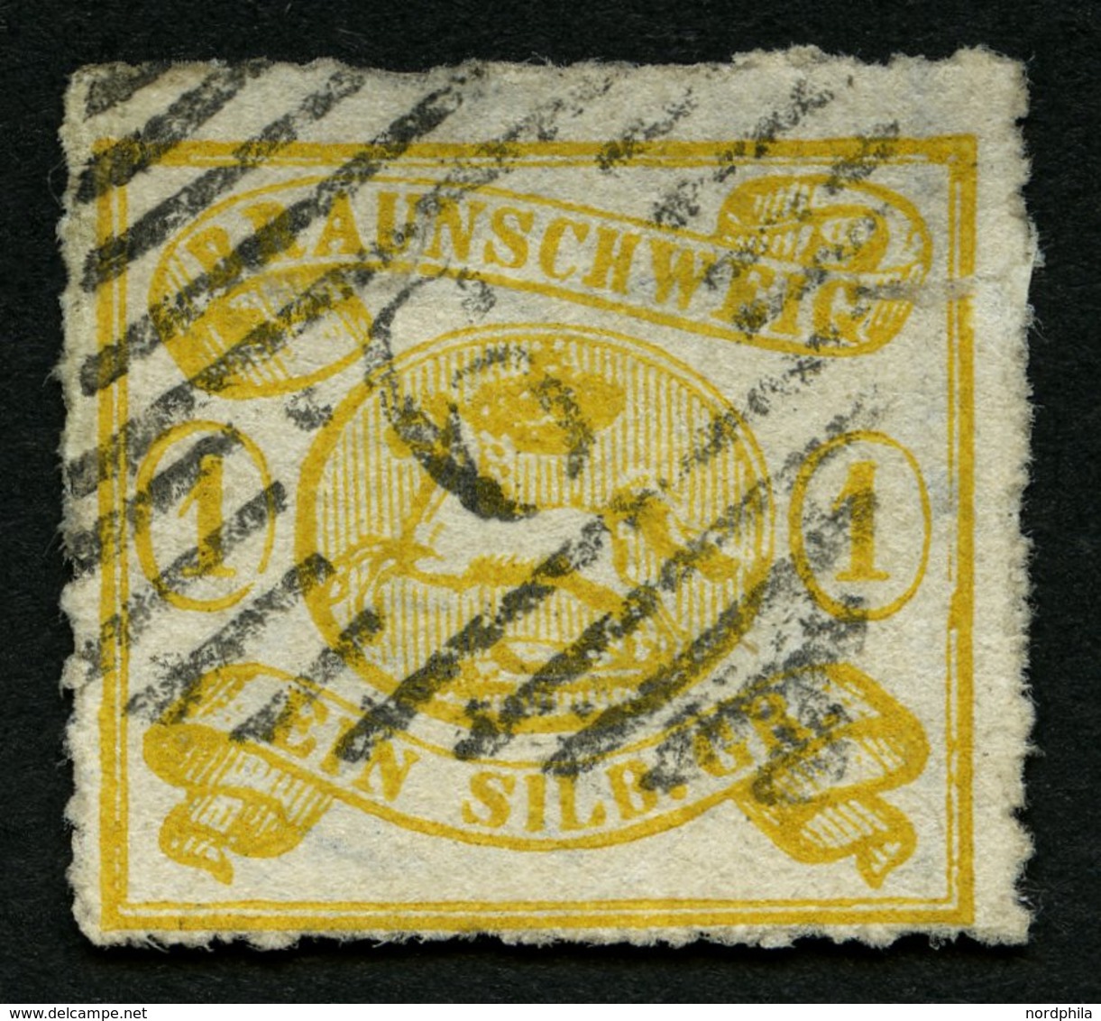 BRAUNSCHWEIG 14B O, 1864, 1 Sgr. Gelbocker, Durchstochen 12, Nummernstempel 9, Feinst (dünne Stelle), Gepr. Lange, Mi. 3 - Brunswick