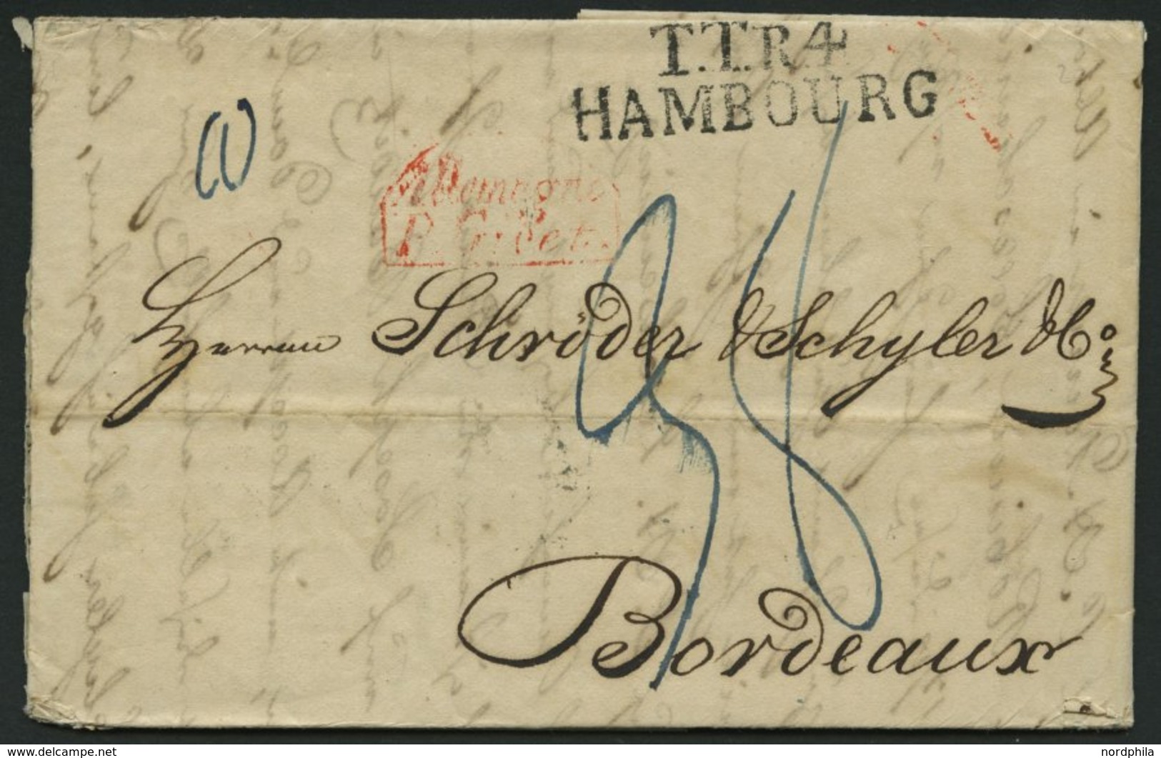 HAMBURG - THURN UND TAXISCHES O.P.A. 1829, TT.R.4 HAMBOURG, L2 Auf Brief Nach Bordeaux, Roter Französicher Stempel Und R - Otros & Sin Clasificación