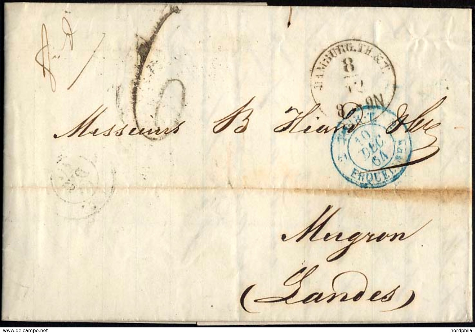 HAMBURG - THURN UND TAXISCHES O.P.A. 1864, HAMBURG TH & T, K1 Auf Brief Nach Mugron, Blauer Tour-T-Stempel, Rückseitig M - Autres & Non Classés