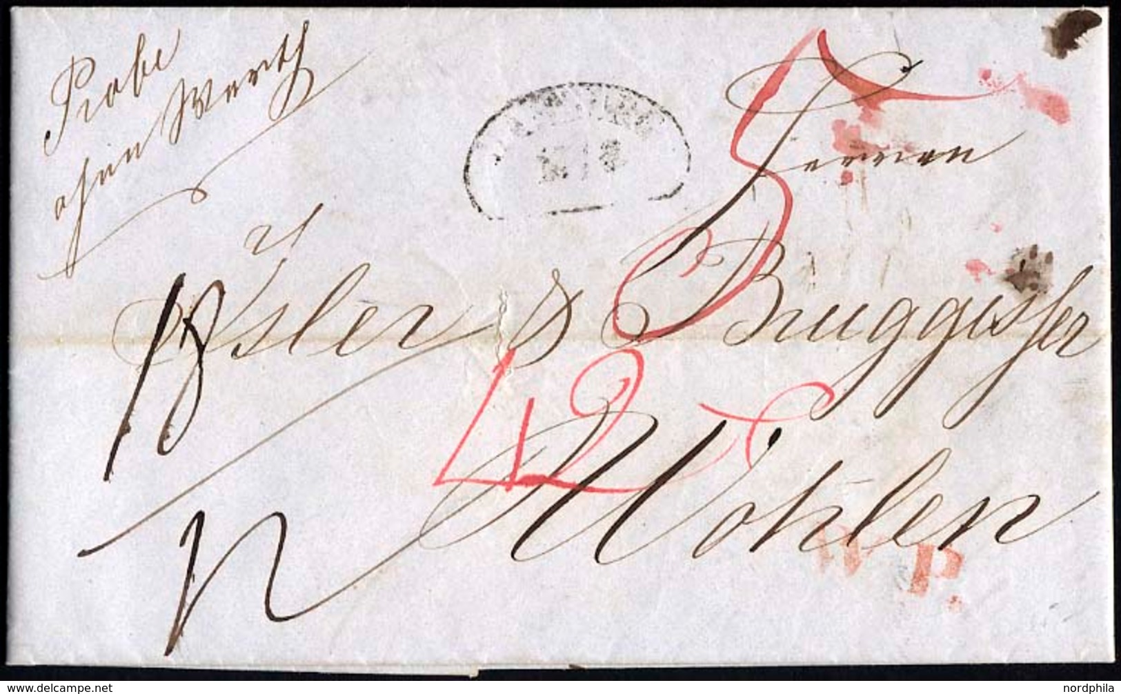 HAMBURG-VORPHILA 1843, HAMBURG, Sonderform Auf Brief Nach Wohlen, Roter L1 WP, Handschriftlich Probe Ohne Werth, Pracht - Prefilatelia