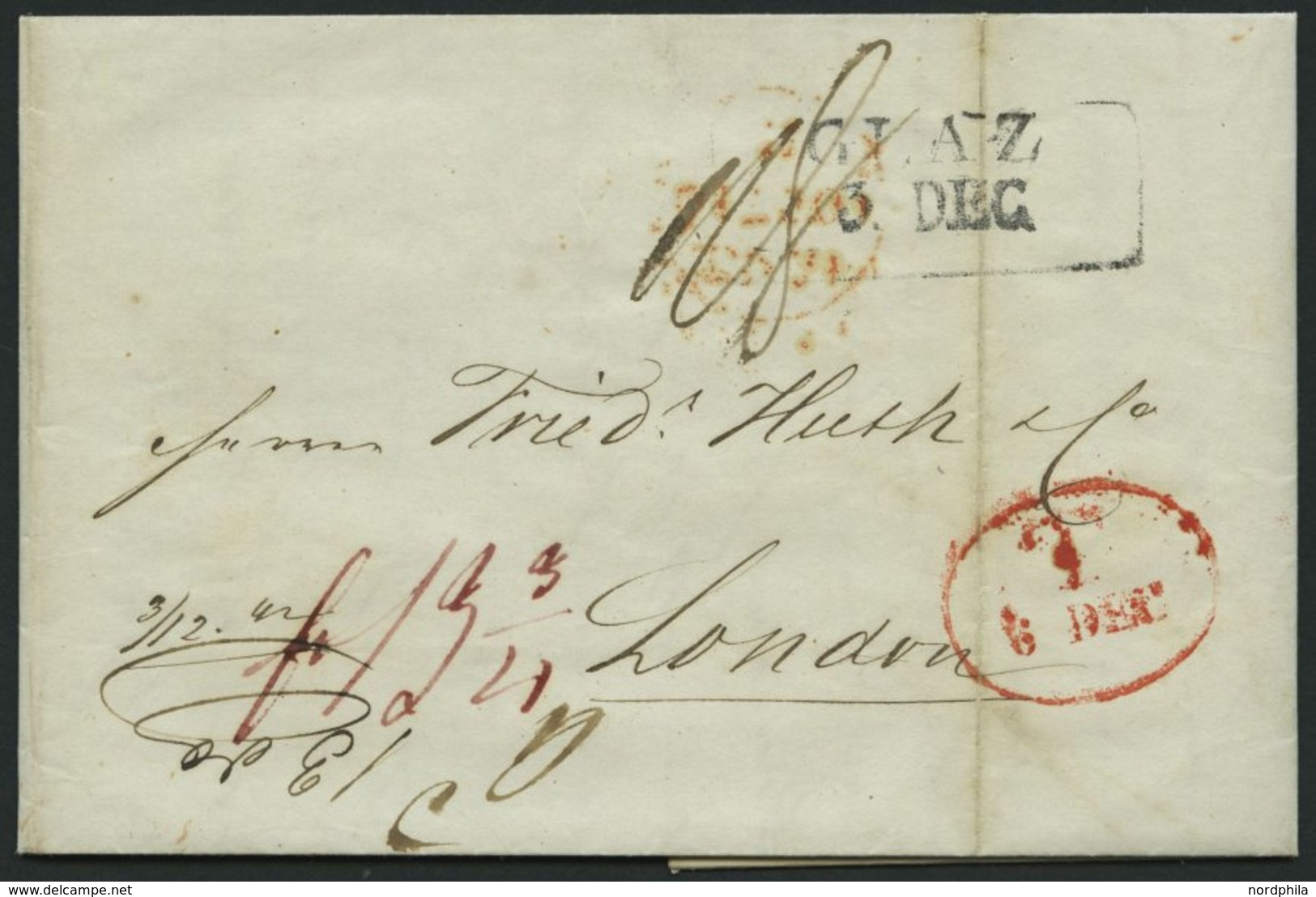 HAMBURG - GRENZÜBERGANGSSTEMPEL 1842, T 6 DEC, In Rot Auf Brief Von Glaz (R2) über Hamburg (rückseitiger K1) Nach London - Prephilately