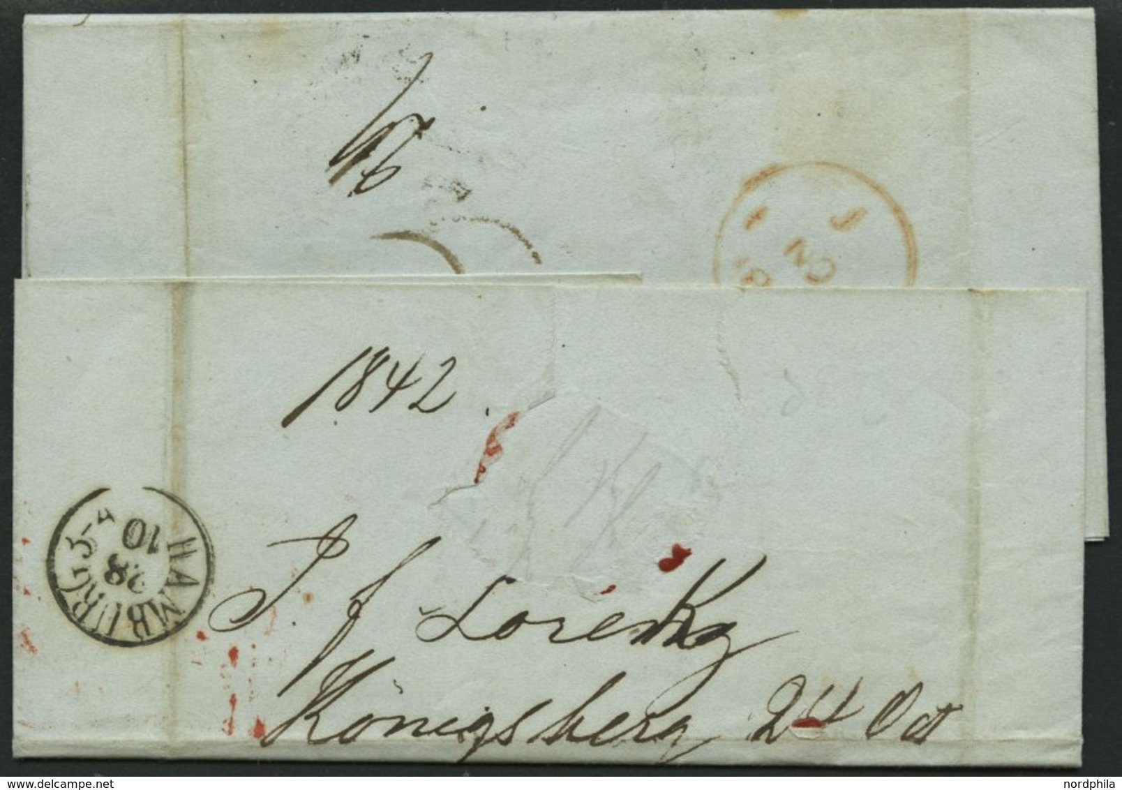 HAMBURG 1842, T 28 OCT, Rote Sonderform Auf Brief Von Königsberg (K1) über Hamburg (rückseitiger K1) Nach London, Regist - Prephilately