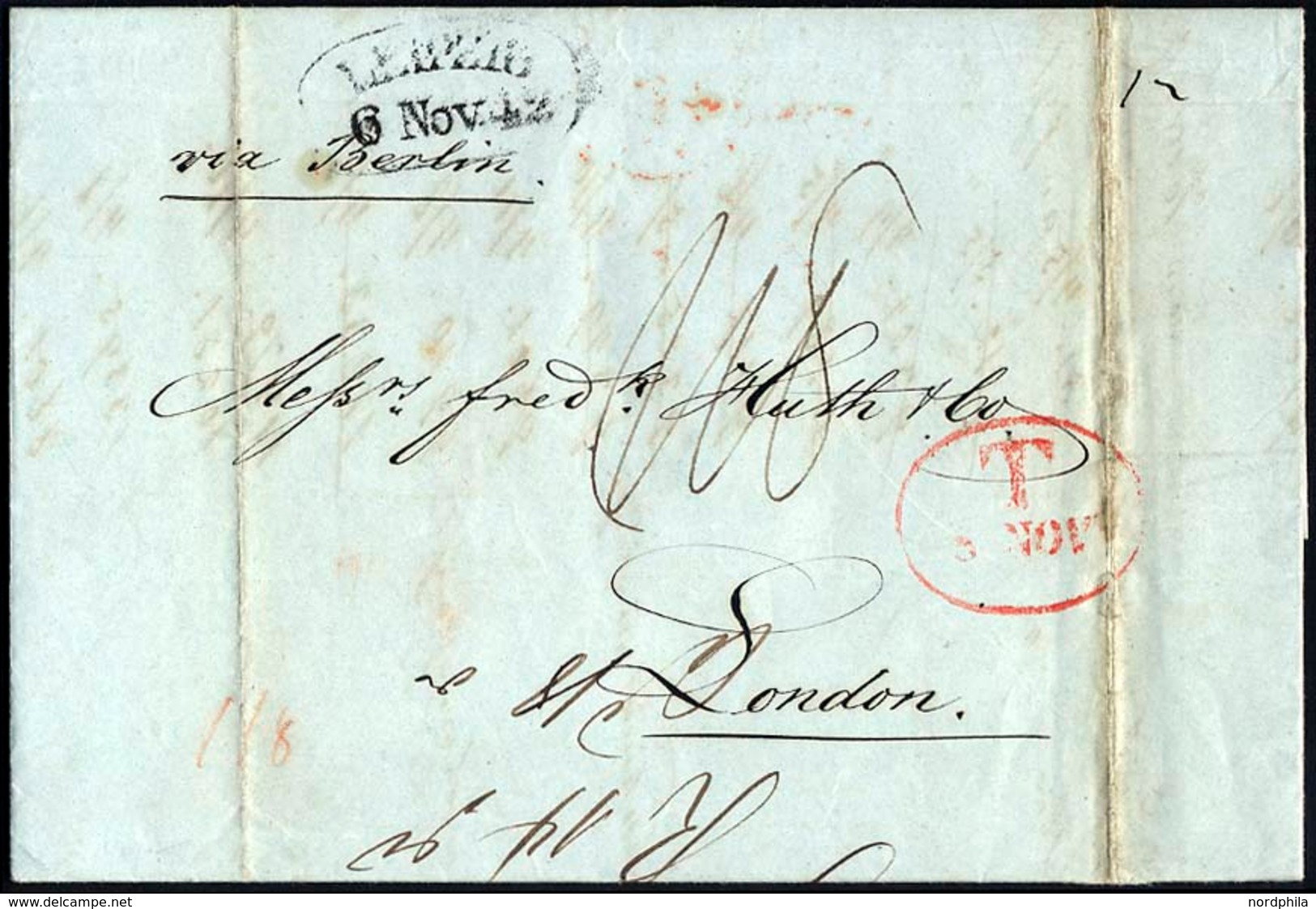 HAMBURG 1842, T 8 NOV, Rote Sonderform Auf Brief Von Leipzig (Sonderform) Via Berlin Nach London, Rückseitiger Durchgang - Prephilately