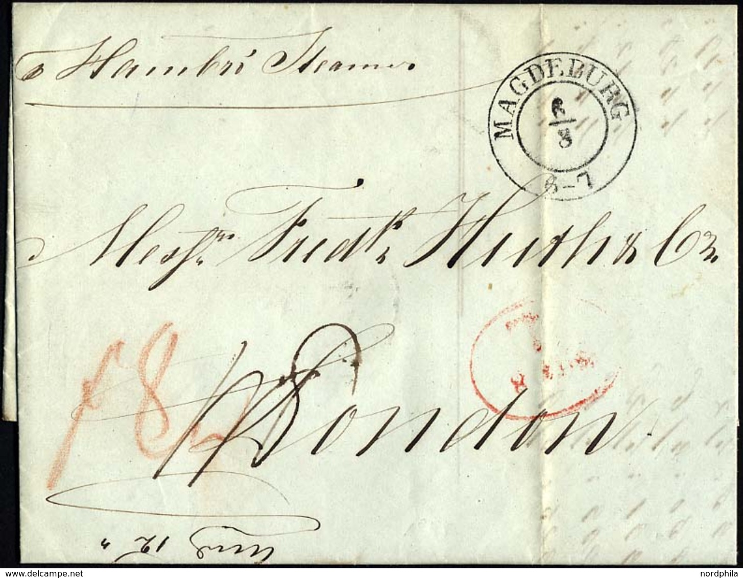 HAMBURG - GRENZÜBERGANGSSTEMPEL 1845, T 8 AUG, In Rot Auf Brief Von Magdeburg (K2) Nach London, Handschriftlich Hamburg  - [Voorlopers