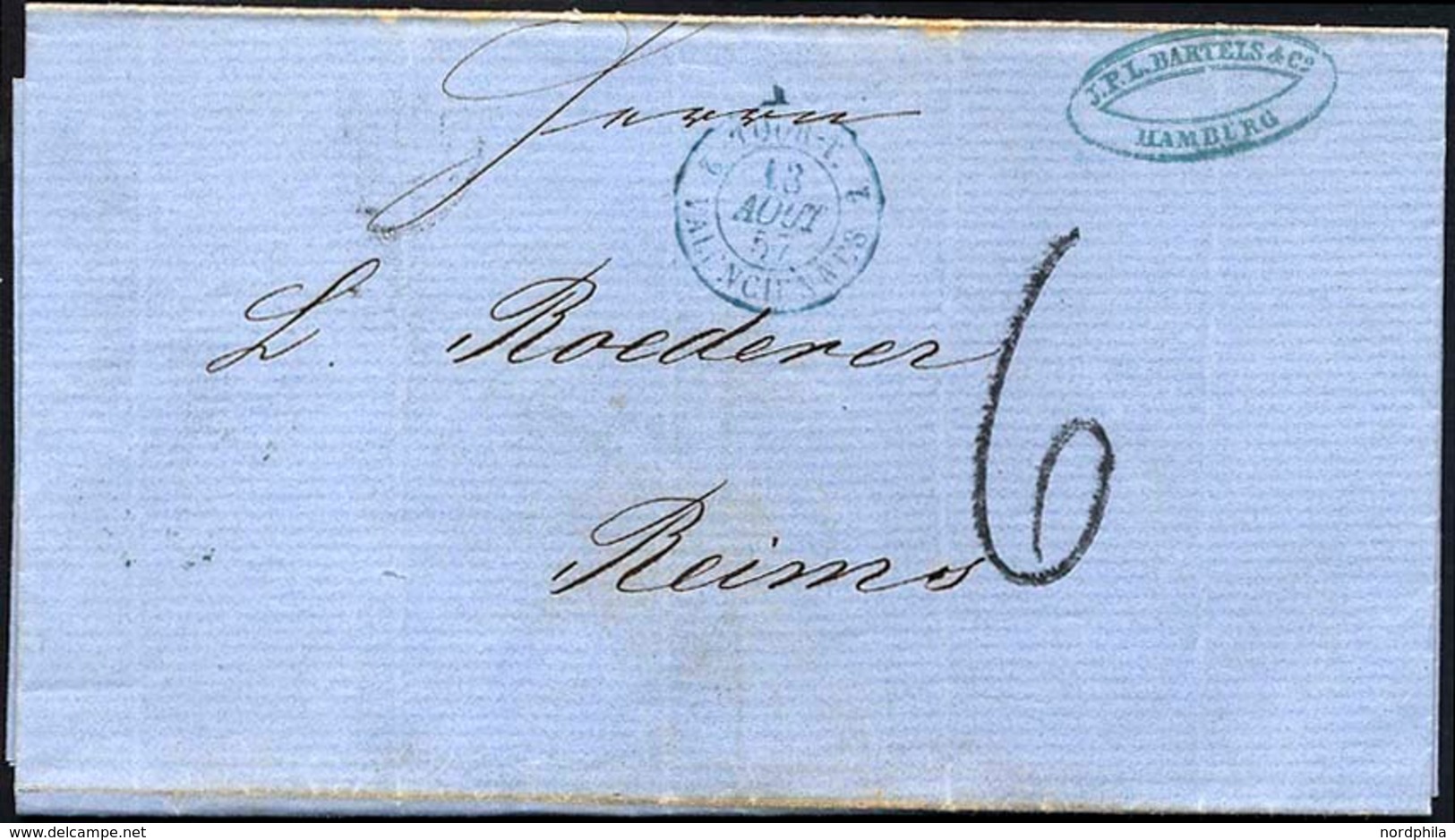 HAMBURG - GRENZÜBERGANGSSTEMPEL 1857, 6, Taxstempel Auf Brief Von Hamburg Nach Reims, Blauer Tourstempel, Rückseitiger D - Prephilately