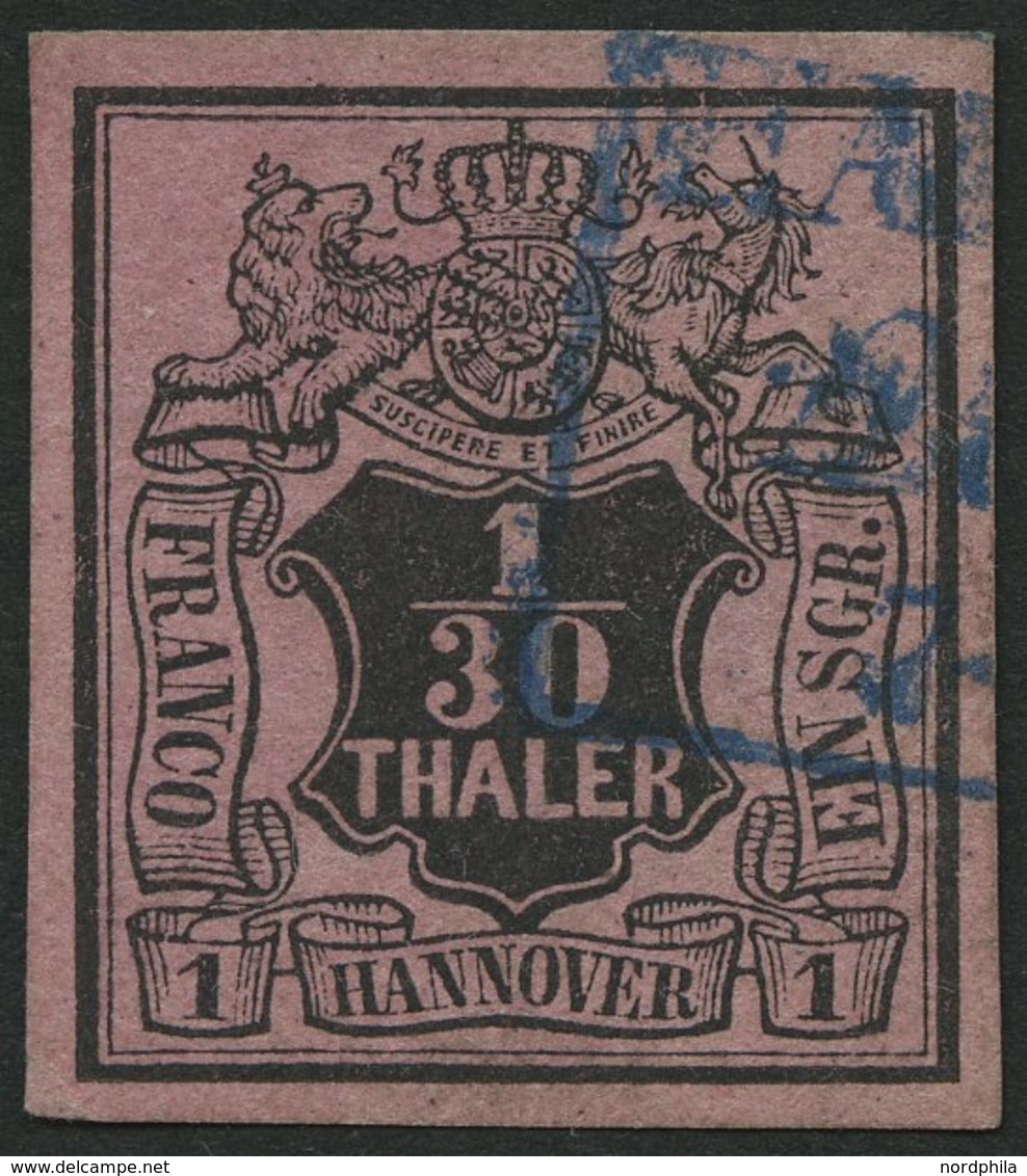 HANNOVER 3bW O, 1855, 1/30 Th. Schwarz Auf Himberrot, Kopfstehendes Wz., Punkthelle Stelle Sonst Pracht, Mi. 300.- - Hannover