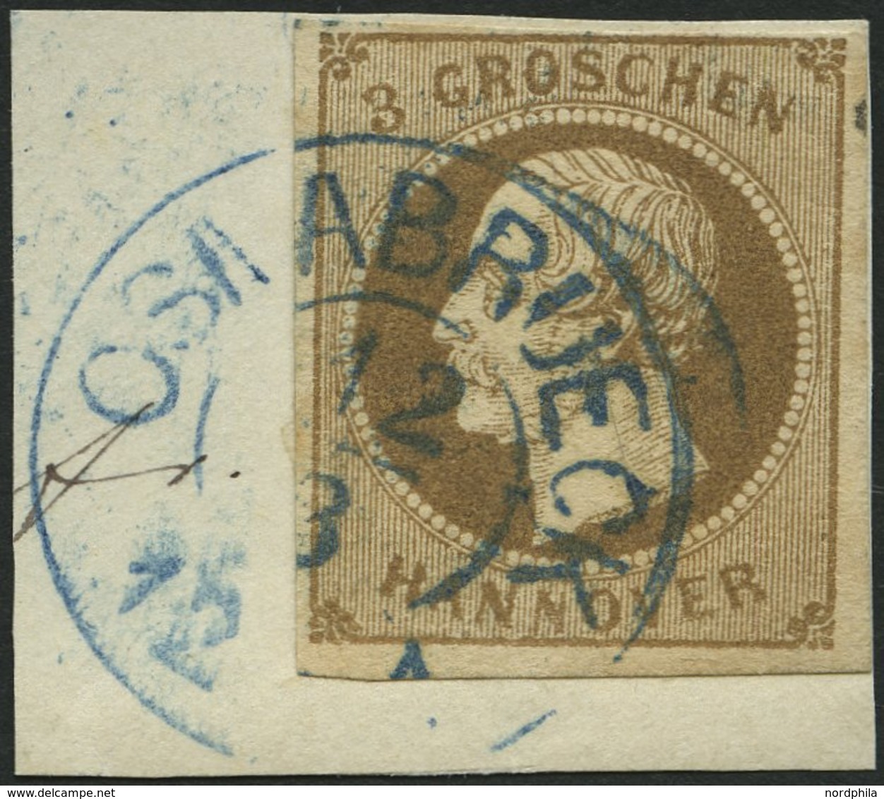 HANNOVER 19a BrfStk, 1861, 3 Gr. Braun, Blauer K2 OSNABRÜCK, Prachtbriefstück, Mi. (70.-) - Hanover