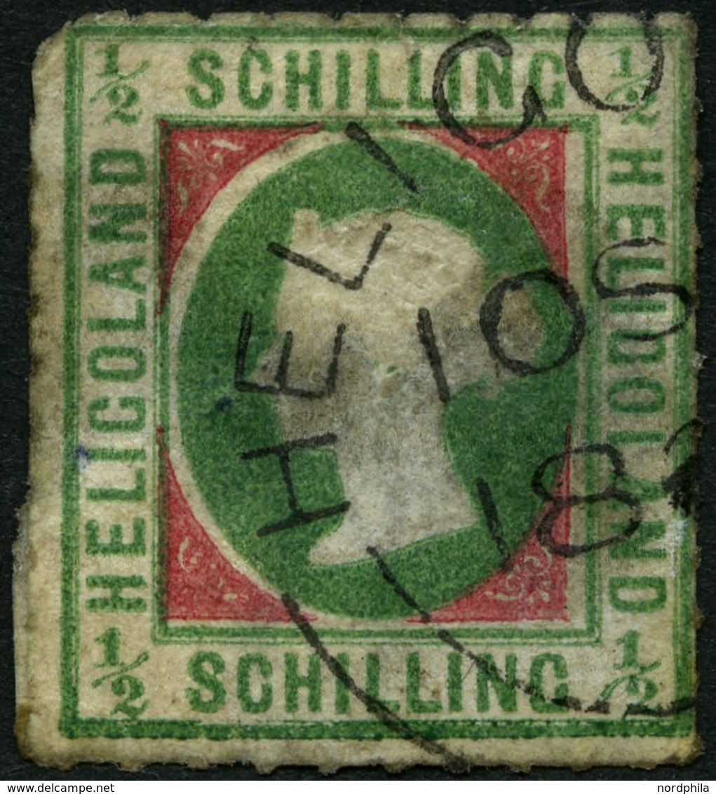 HELGOLAND 1II O, 1867, 1/2 S. Bläulichgrün/rötlichkarmin, Type II, Rundstempel, Starke Mängel, Fein, Gepr. Schulz, Mi. 2 - Heligoland
