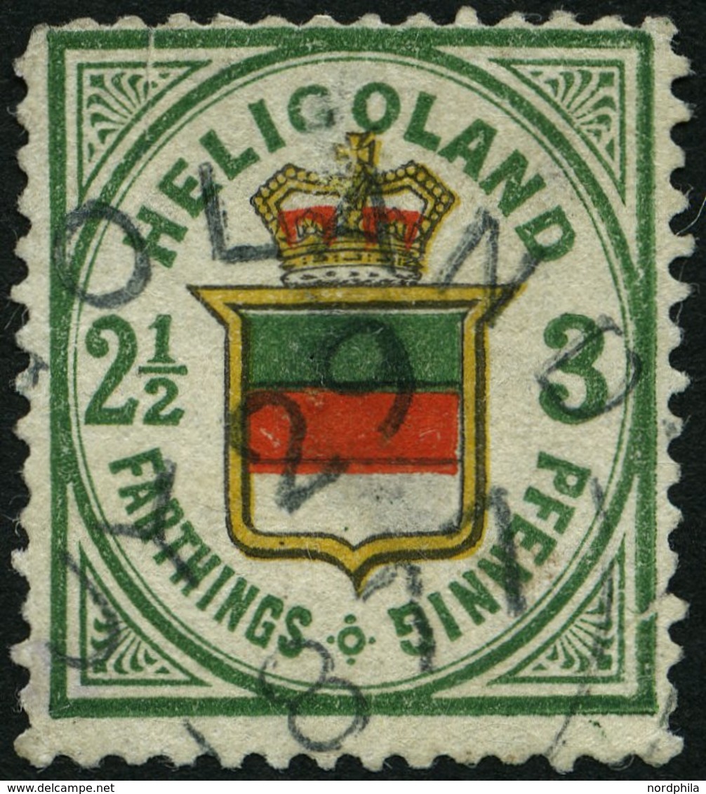 HELGOLAND 17b O, 1877, 3 Pf. Grün/orange/zinnoberrot, Rundstempel, Starke Mängel, Fein, Gepr. U.a. W. Engel, Mi. 1300.- - Héligoland