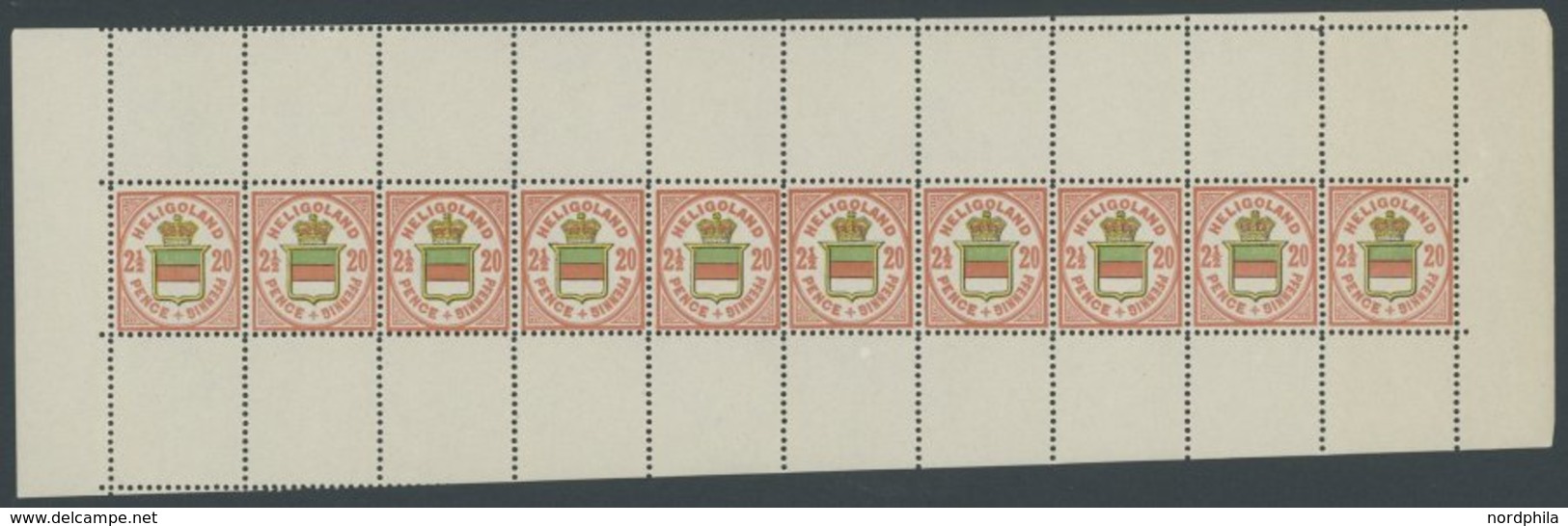HELGOLAND 18h **, 1876, 20 Pf. Graurot/hellgelb/hellgraugrün Im Postfrischen Zehnerstreifen, Meist Mit Anhängenden Leerf - Heligoland