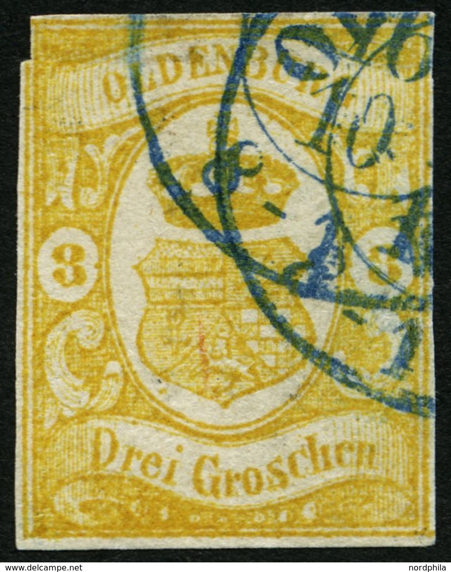 OLDENBURG 14 O, 1861, 3 Gr. Graugelb, Oben Links Kleiner Schnittfehler Sonst Pracht, Gepr. Brettl, Mi. 550.- - Oldenburg