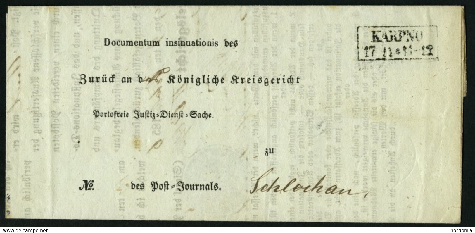 PREUSSEN KARPNO, R2 Auf Insinuations-Dokument (1856) Nach Schlochau, Innen Mit Seltenem Krone-Posthorn-Stempel KARPNO, P - Autres & Non Classés