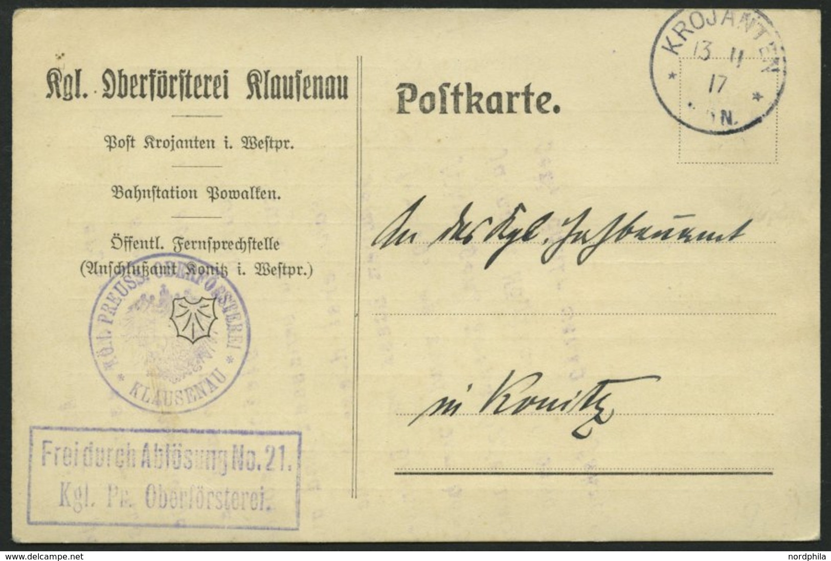 PREUSSEN KROJANTEN, K1 Auf Postkarte (1910) Der Oberförsterei Klausenau, Pracht - Altri & Non Classificati