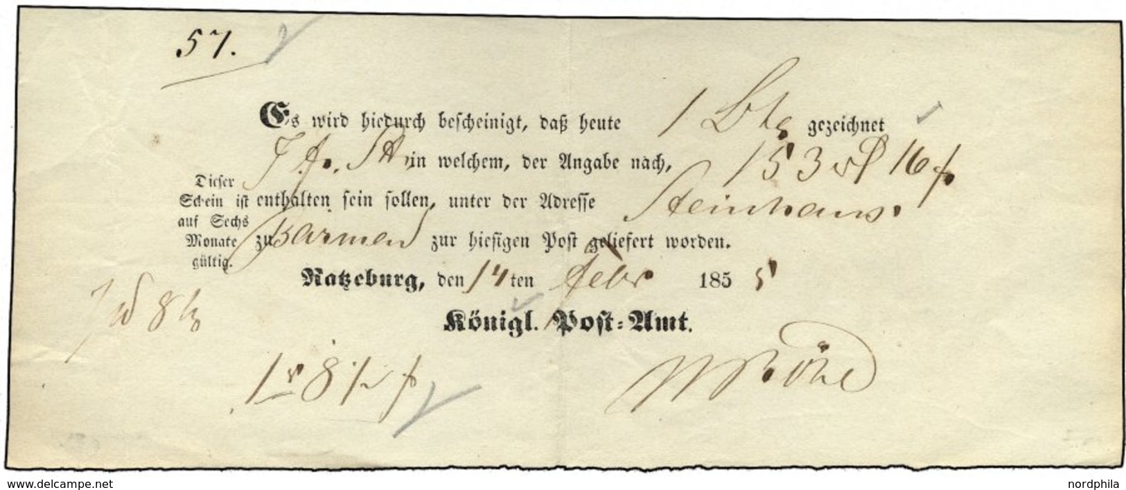 SCHLESWIG-HOLSTEIN RATZEBURG, Ortsdruck Auf Einlieferungsschein (1855), Feinst - Prephilately