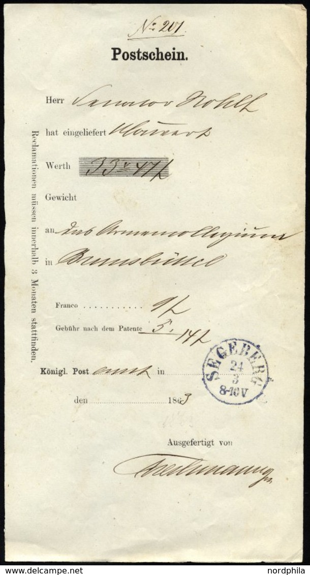 SCHLESWIG-HOLSTEIN SEGEBERG, K1 Auf Einlieferungsschein No. 207 (1869), Pracht - Prefilatelia