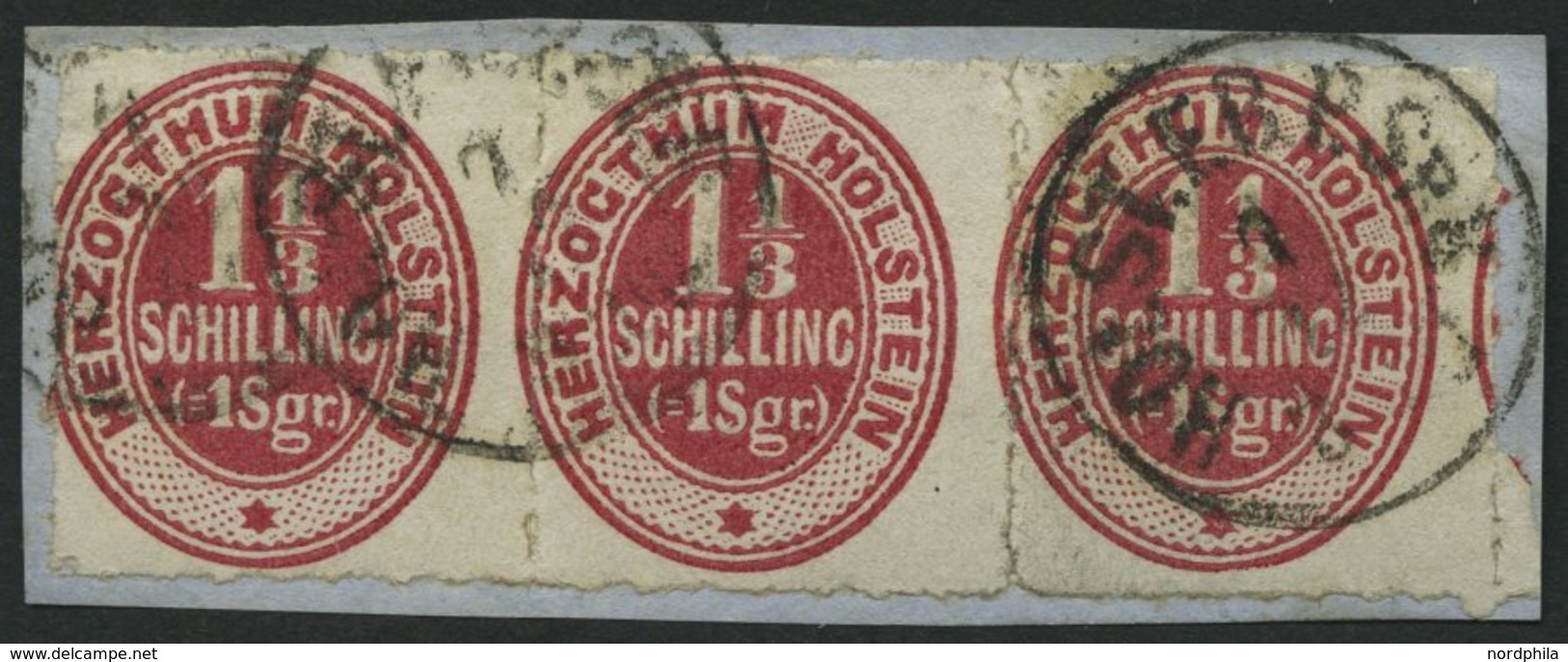 SCHLESWIG-HOLSTEIN 23 BrfStk, 1865, 1 1/3 S. Lebhaftrotkarmin Im Waagerechten Dreierstreifen, K1 HOLST.EB.P.SpB. 3. ZUG, - Schleswig-Holstein