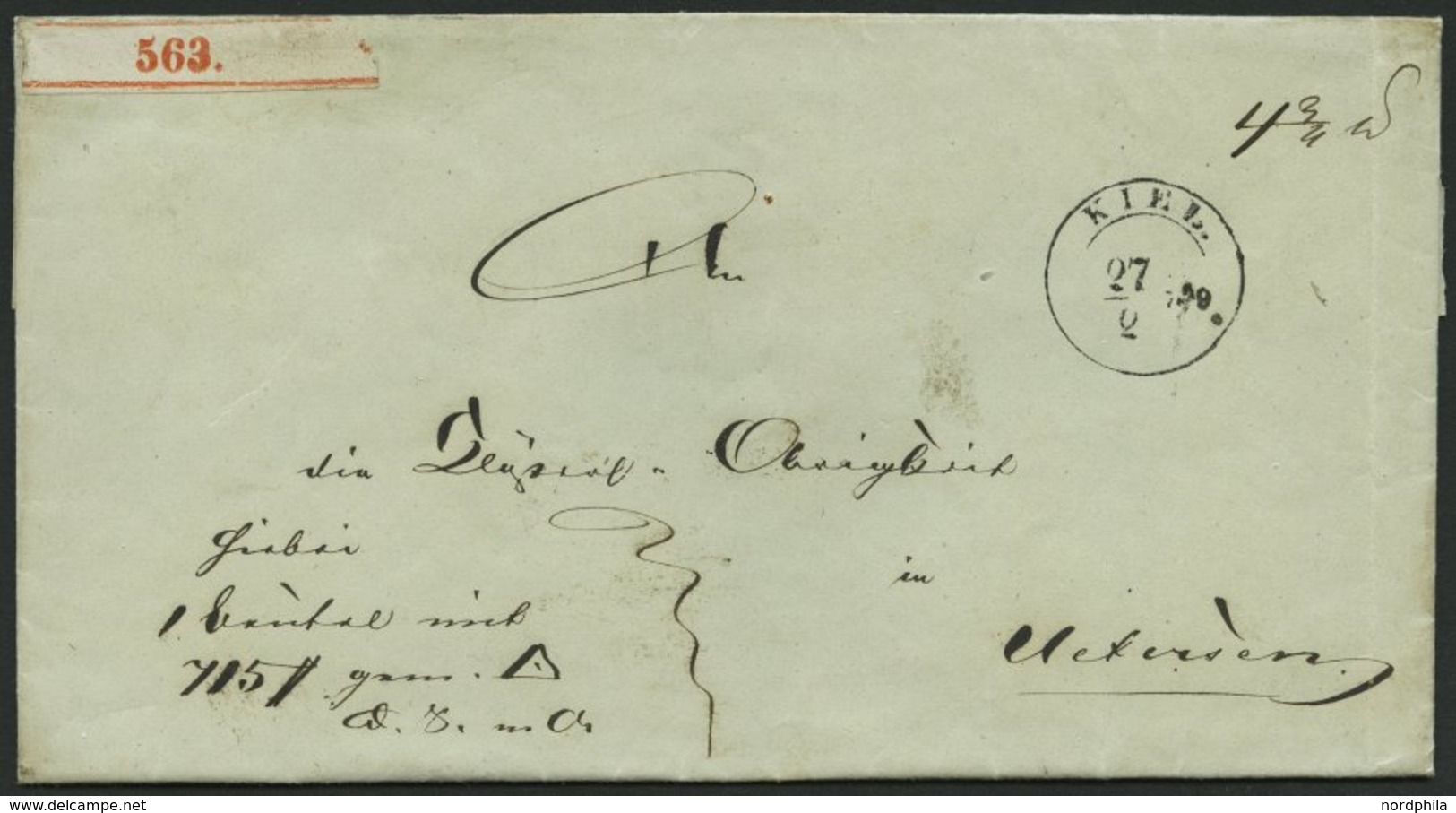 SCHLESWIG-HOLSTEIN 1849, Paketbegleitbriefhülle Von KIEL (K11/2) Nach Uetersen, Handschriftlich D.S. M Or., Rückseitiges - Schleswig-Holstein