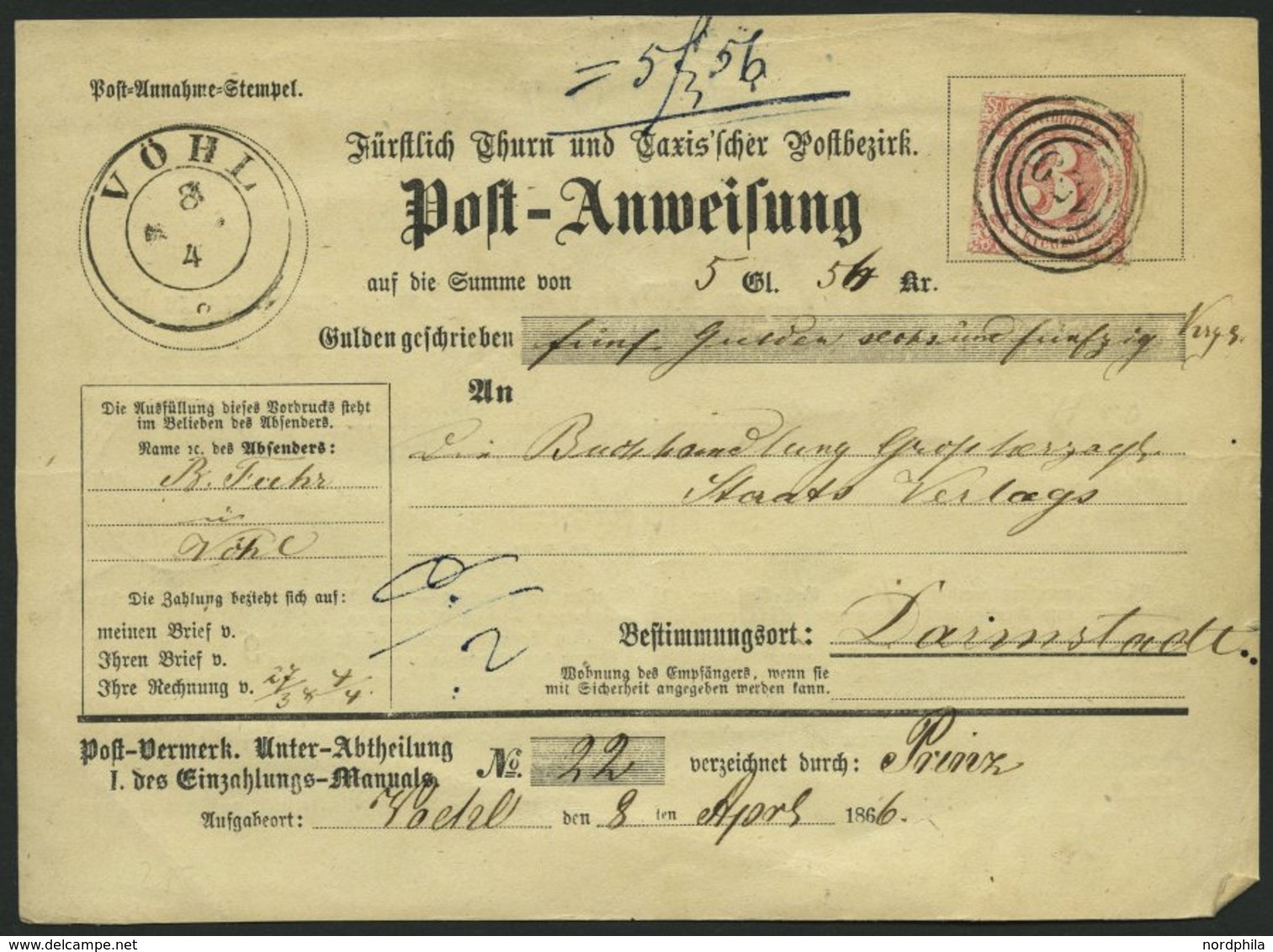 THURN Und TAXIS 42 BRIEF, 1865, 3 Kr. Karminrot Auf Postanweisung, Marke Oben Rechts Defekt Sonst Prachtkarte - Other & Unclassified