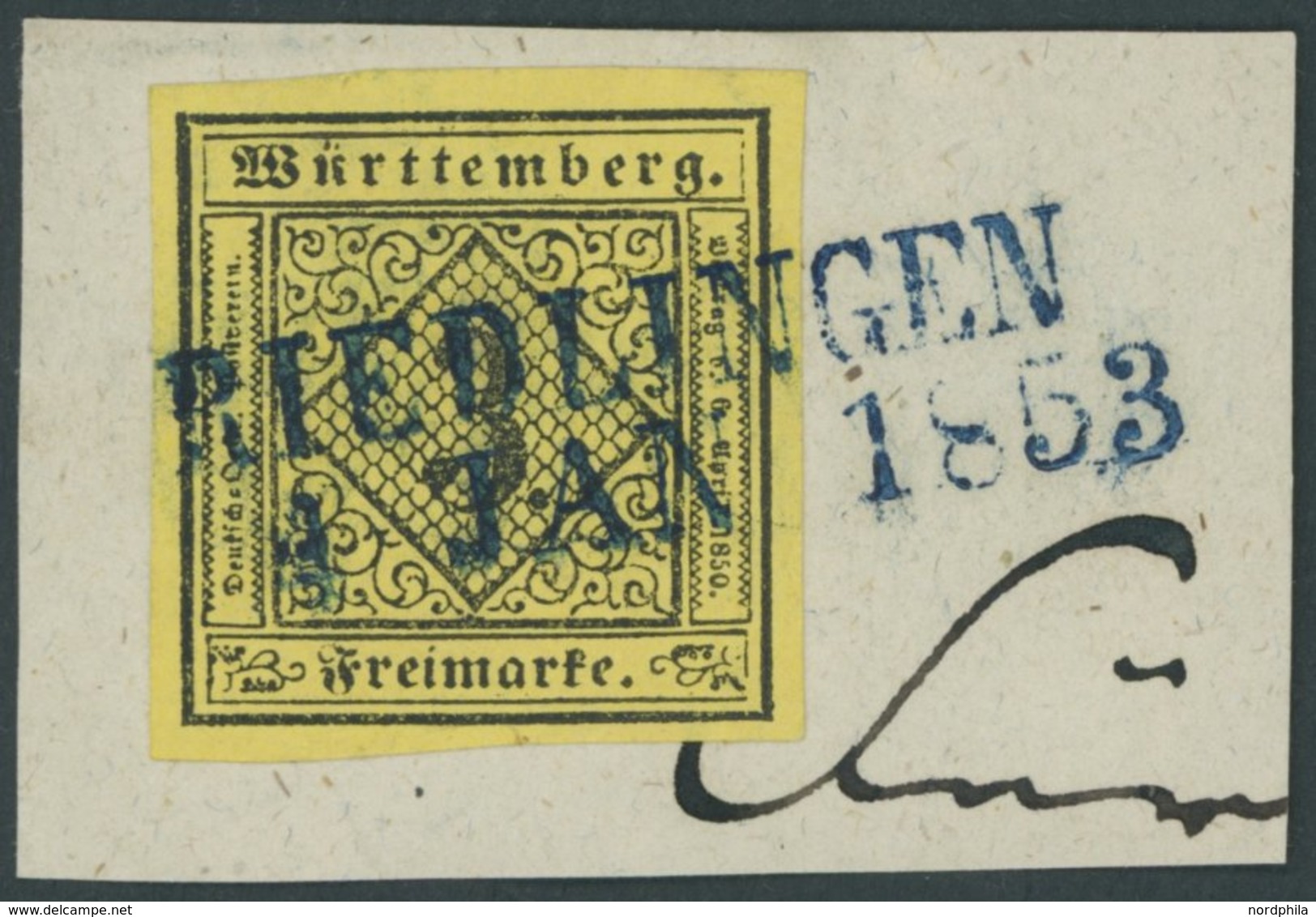 WÜRTTEMBERG 2a BrfStk, 1851, 3 Pf. Schwarz Auf Hellgelb, Blauer L2 RIEDLINGEN, Kabinett - Sonstige & Ohne Zuordnung