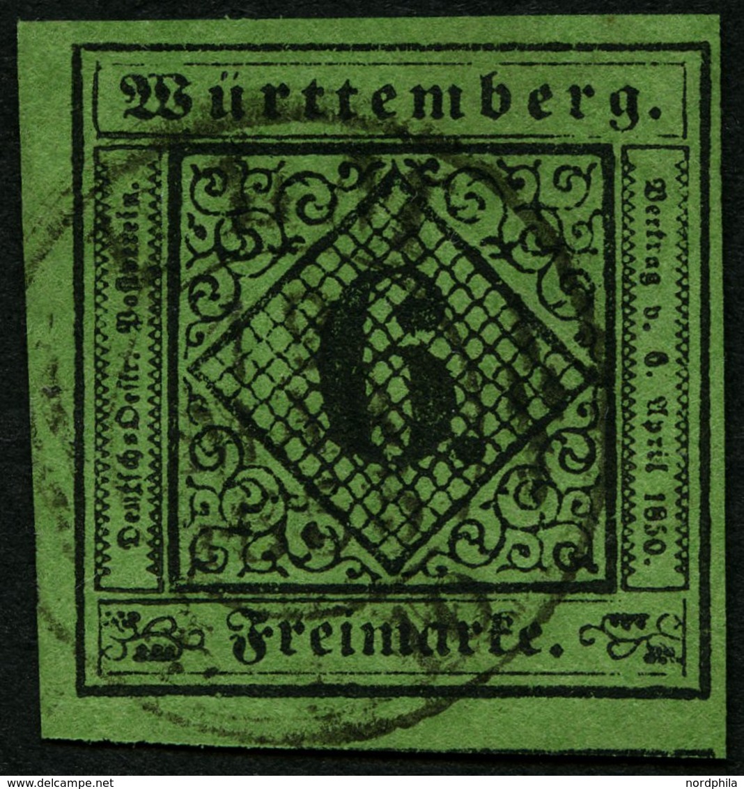 WÜRTTEMBERG 3y O, 1851, 6 Kr. Gelblichgrünes Seidenpapier, Pracht, Gepr. Heinrich, Mi. 110.- - Andere & Zonder Classificatie