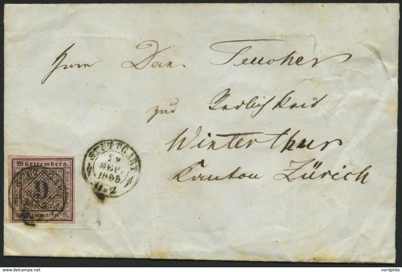 WÜRTTEMBERG 4b BRIEF, 1855, 9 Kr. Schwarz Auf Rötlichkarmin, Breitrandiges Prachtstück Auf Etwas Fleckigem Brief Von Stu - Other & Unclassified