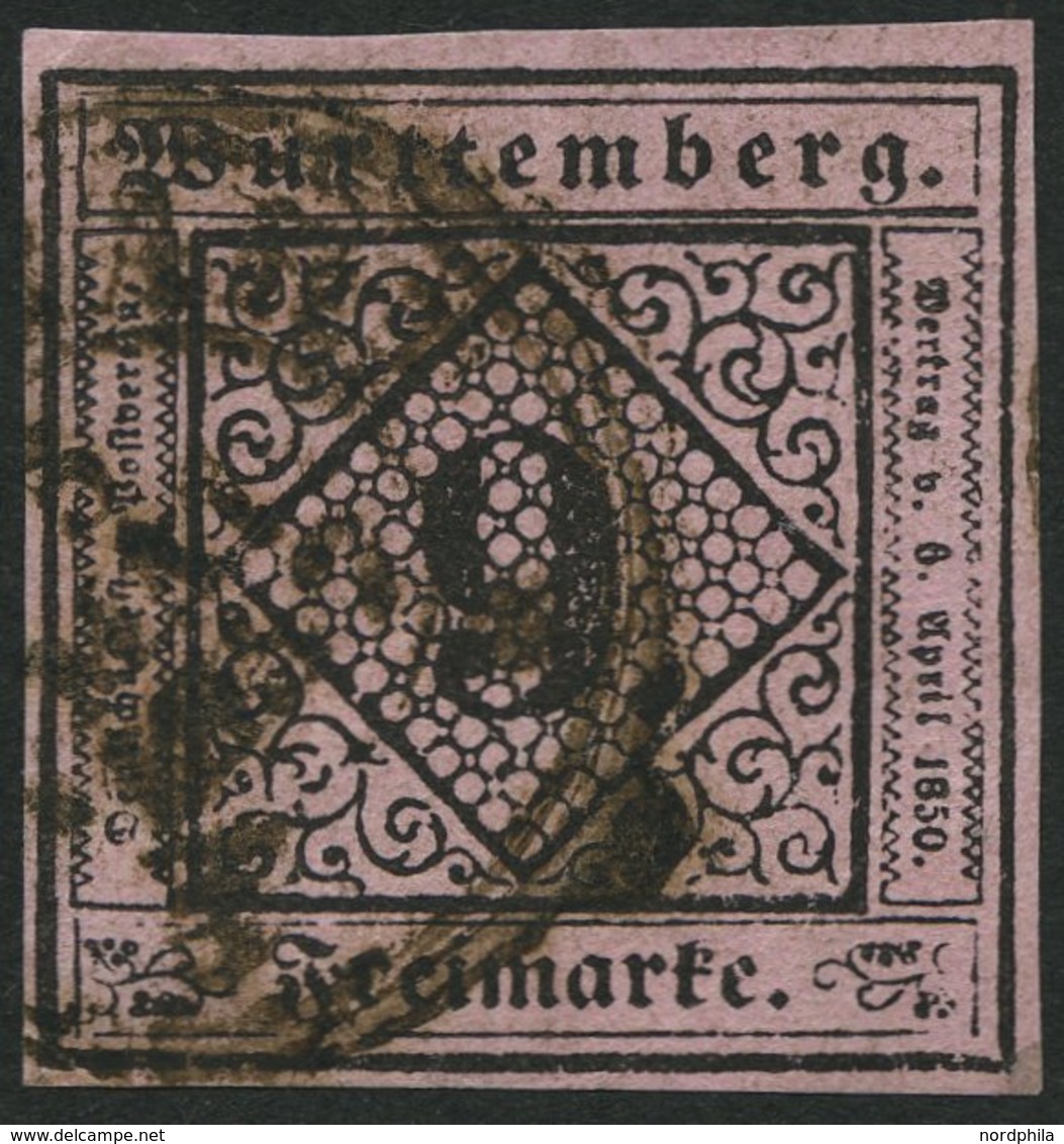 WÜRTTEMBERG 4c O, 1851, 9 Kr. Schwarz Auf Dunkelrosa, Bugspur Sonst Farbfrisch, Pracht, Gepr. Heinrich, Mi. 300.- - Andere & Zonder Classificatie