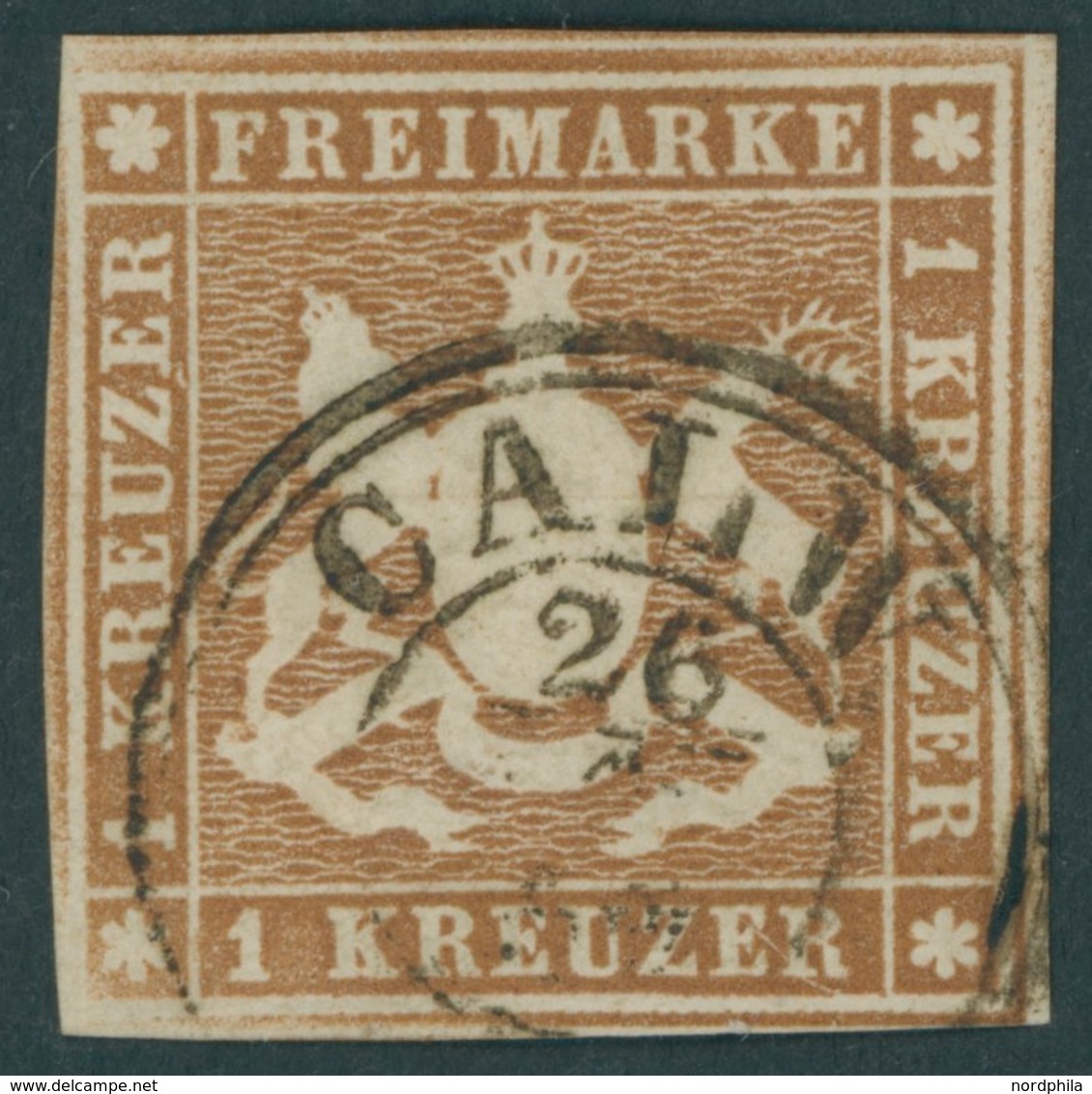WÜRTTEMBERG 6a O, 1857, 1 Kr. Braun, K3 CALW, Pracht, Mi. 90.- - Other & Unclassified
