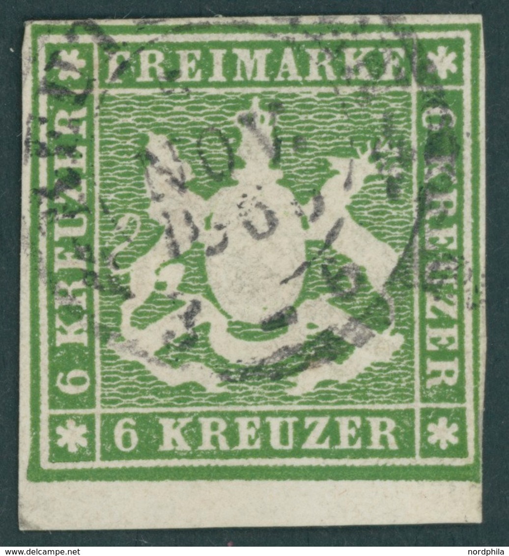 WÜRTTEMBERG 13b O, 1859, 6 Kr. Dunkelgrün, Unterrandstück, Farbfrisches Prachtstück, Fotobefund Irtenkauf - Sonstige & Ohne Zuordnung