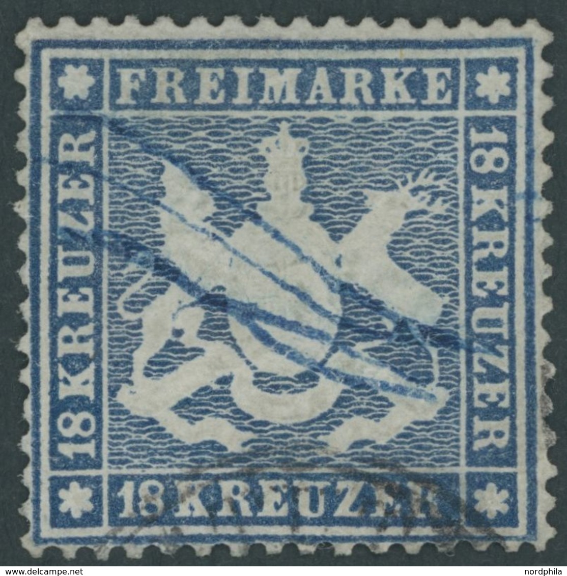 WÜRTTEMBERG 20y O, 1862, 18 Kr. Blau, Federzug Und Stempelfragment, Repariert, Fein, Gepr. Pfenninger - Other & Unclassified